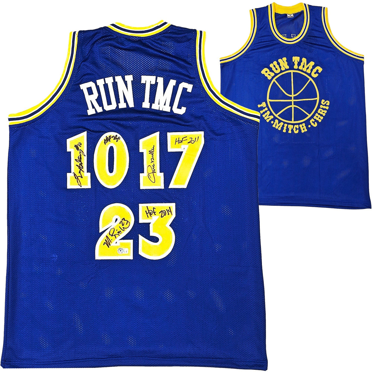 Golden State Warriors Chris Mullin, Tim Hardaway & Mitch Richmond Autographed Blue Jersey Run Tmc "Hof" Beckett Bas Witness Stock #216818
