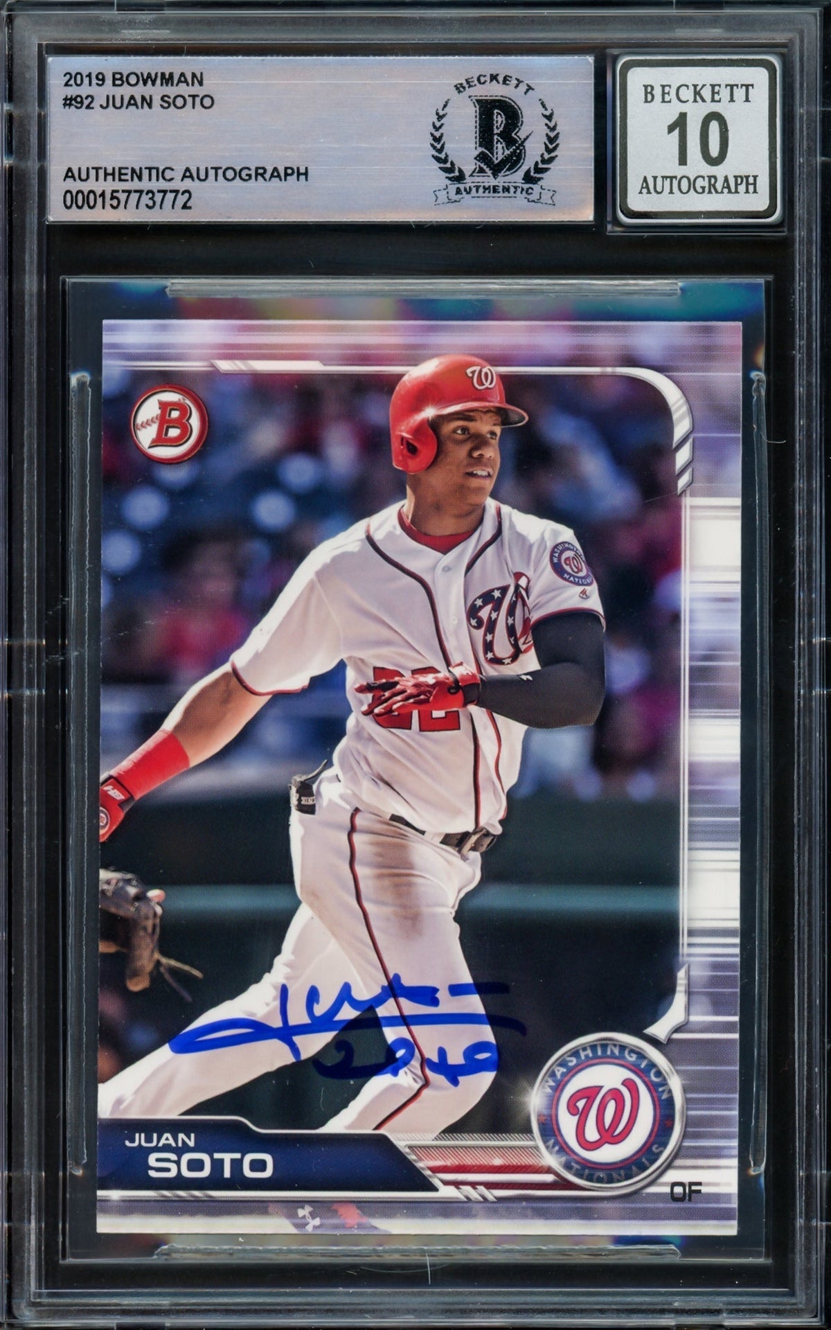 Juan Soto Autographed 2019 Bowman Card #92 Washington Nationals Auto Grade Gem Mint 10 Beckett Bas #15773772