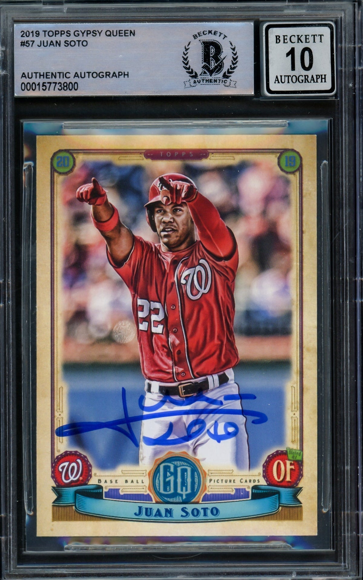 Juan Soto Autographed 2019 Topps Gypsy Queen Card #57 Washington Nationals Auto Grade Gem Mint 10 Beckett Bas #15773800
