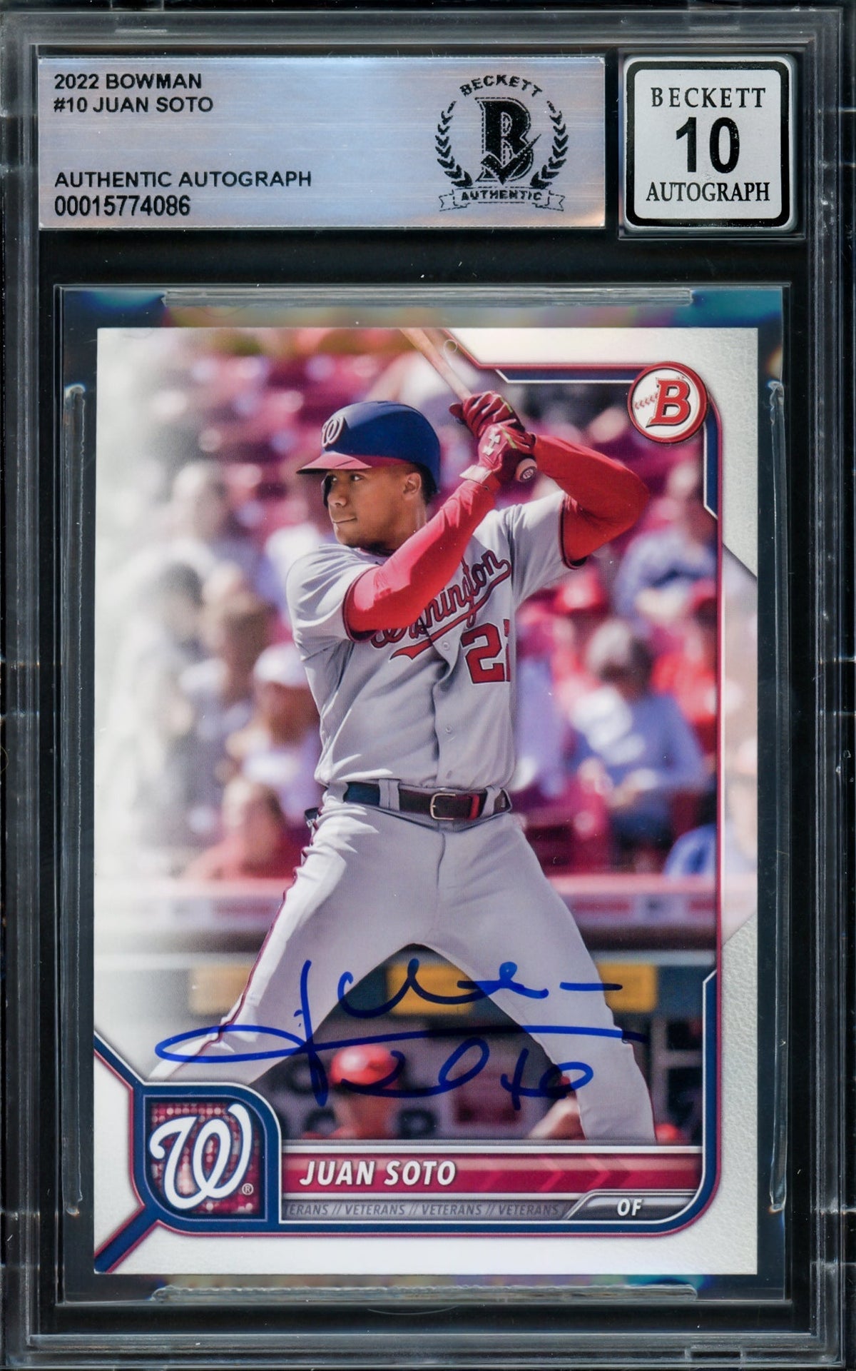 Juan Soto Autographed 2022 Bowman Card #10 Washington Nationals Auto Grade Gem Mint 10 Beckett Bas #15774086