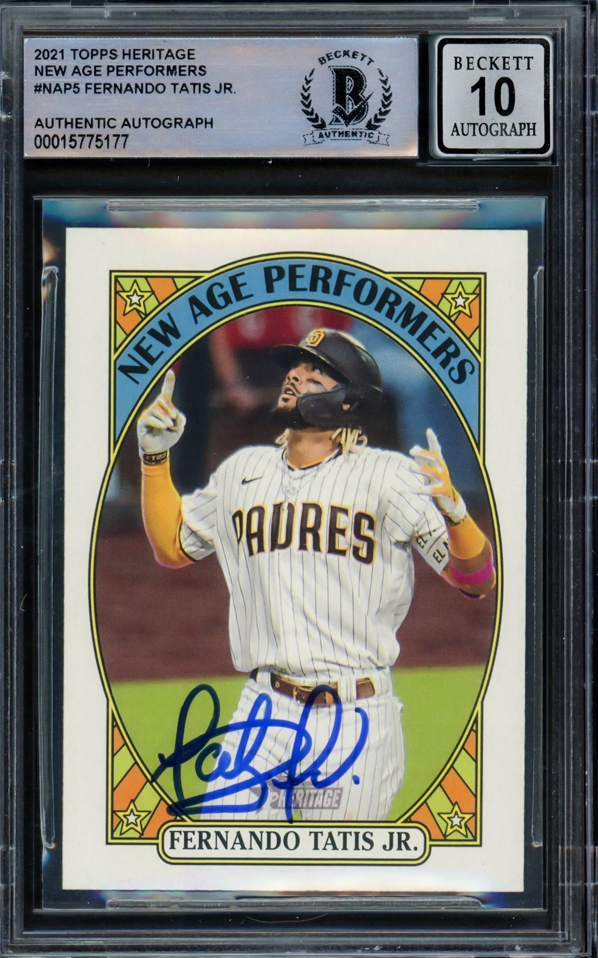 Fernando Tatis Jr. Autographed 2021 Topps Heritage New Age Performers Card #Nap-5 San Diego Padres Auto Grade Gem Mint 10 Beckett Bas #15775177