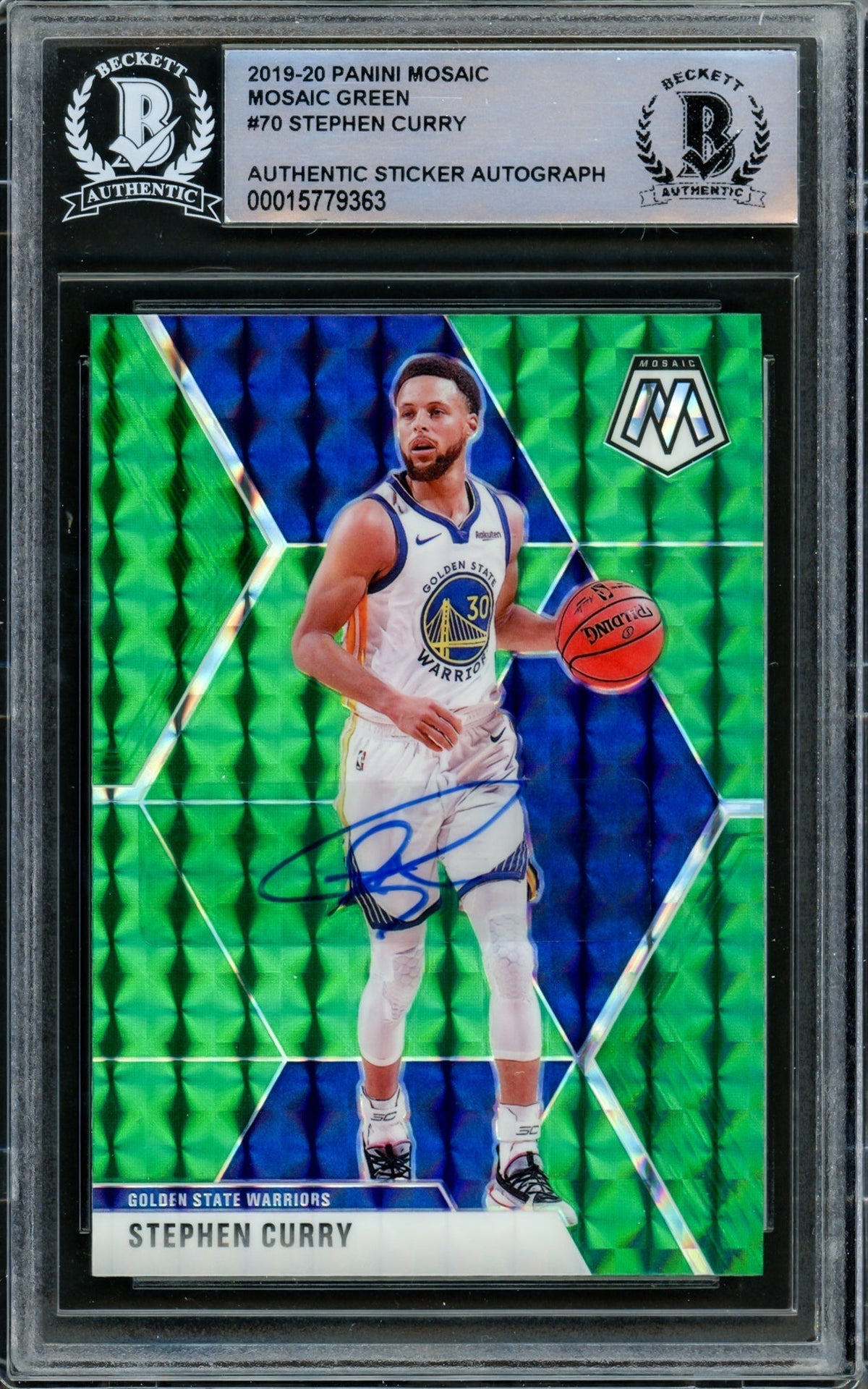 Stephen Curry Autographed 2019-20 Panini Green Mosaic Prizm Card #70 Golden State Warriors Beckett Bas #15779363