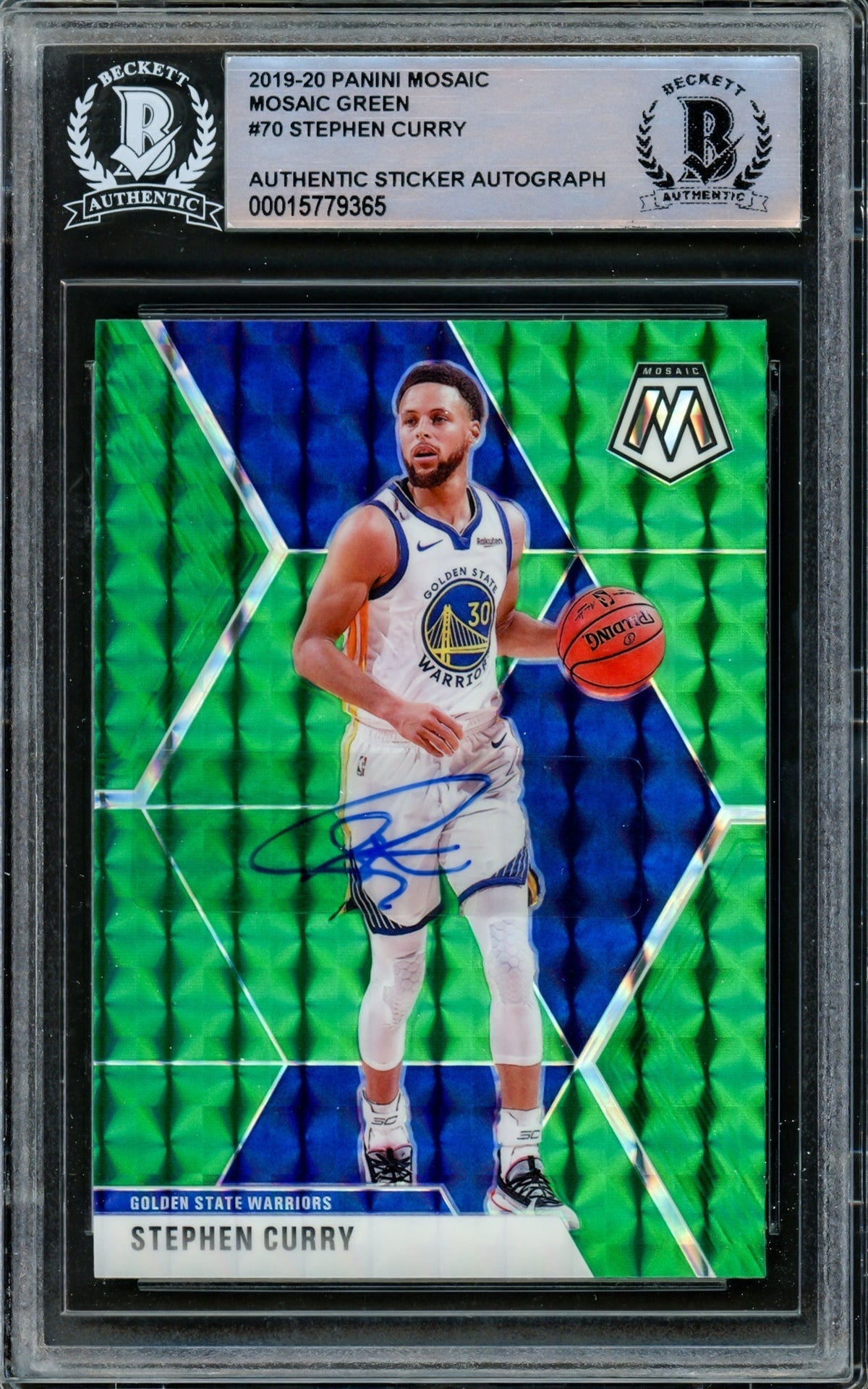 Stephen Curry Autographed 2019-20 Panini Green Mosaic Prizm Card #70 Golden State Warriors Beckett Bas #15779365
