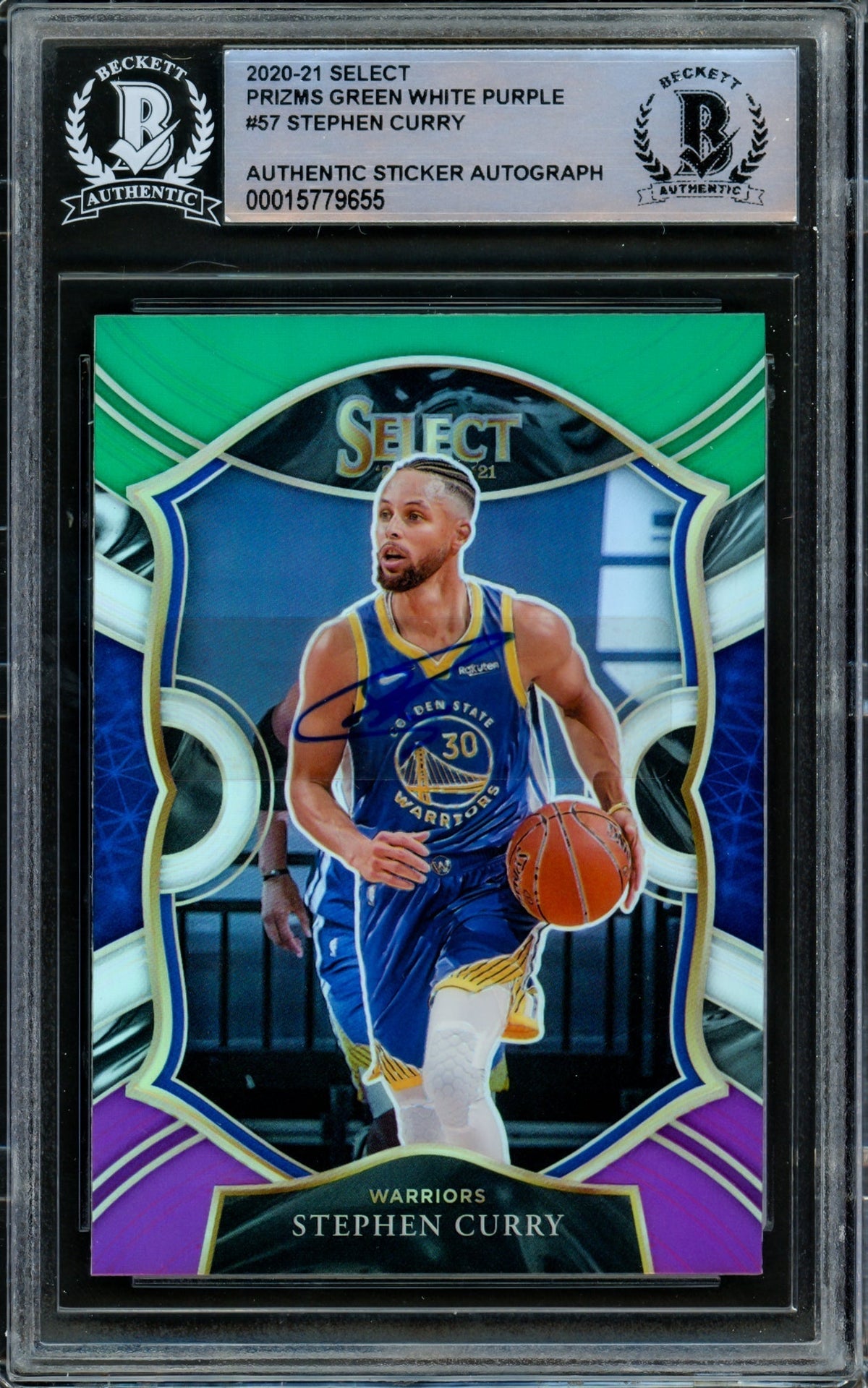 Stephen Curry Autographed 2020-21 Panini Select Green White & Purple Prizm Card #57 Golden State Warriors Beckett Bas #15779655