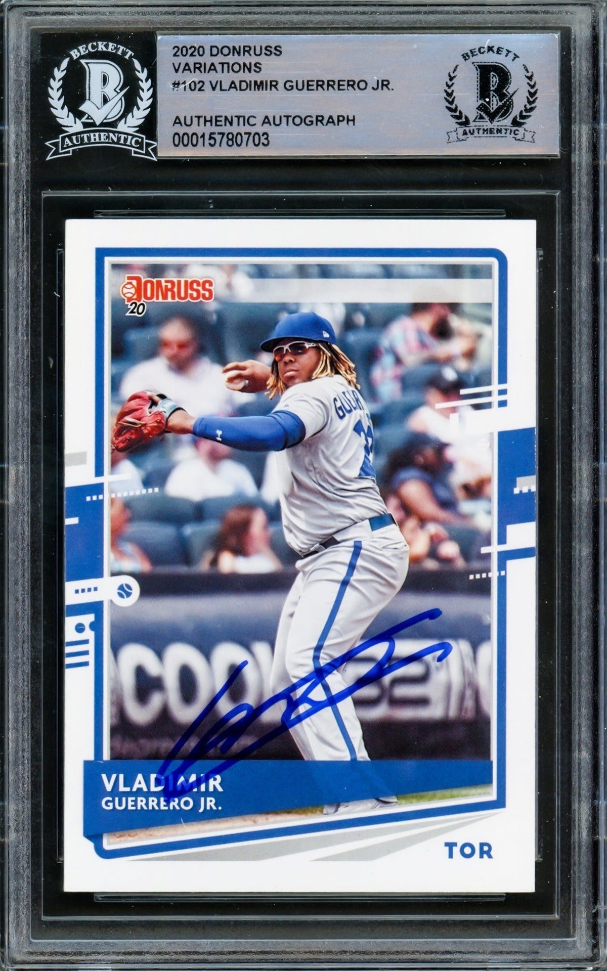 Vladimir Guerrero Jr. Autographed 2020 Donruss Variations Card #102 Toronto Blue Jays Fielding Beckett Bas #15780703