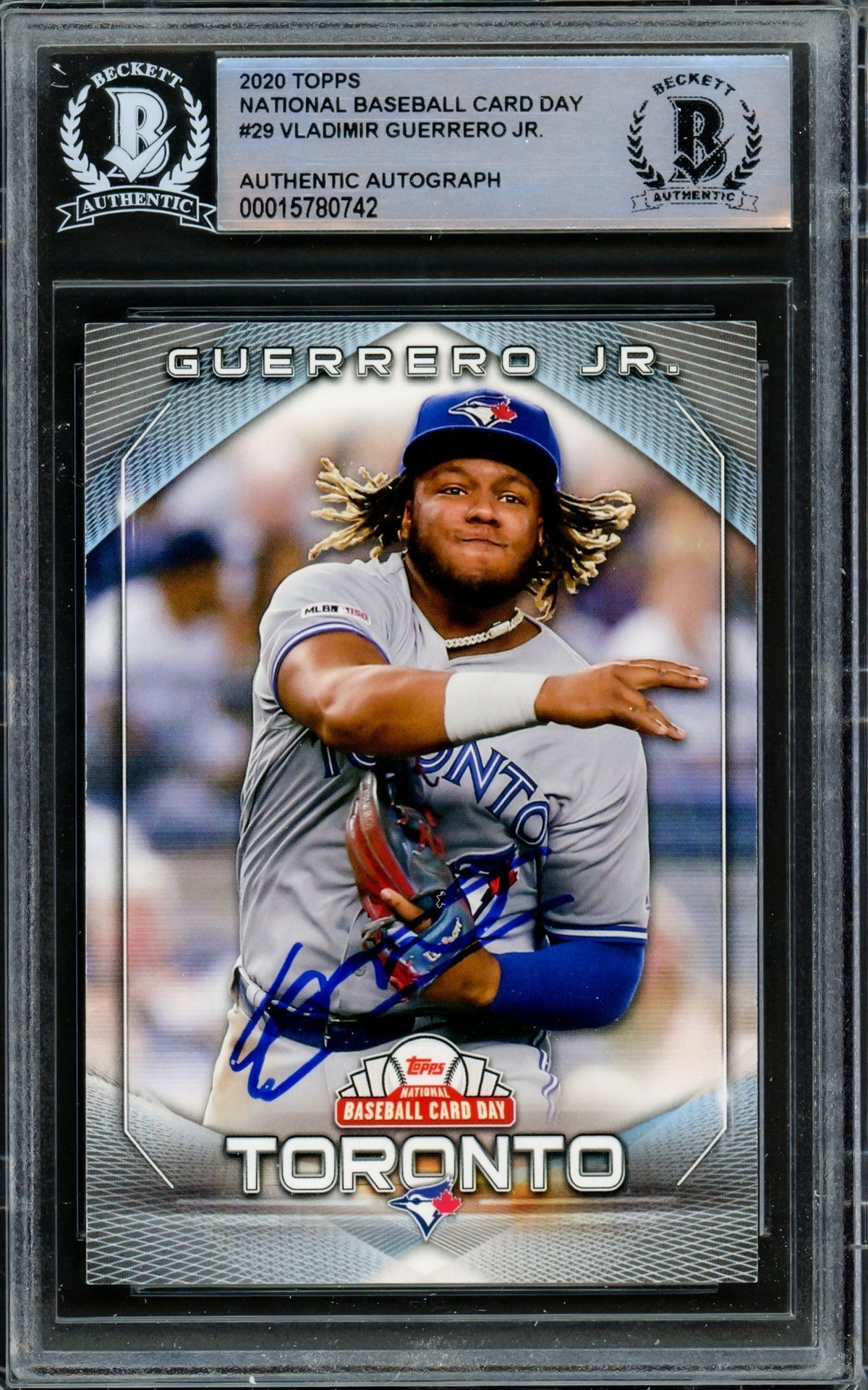 Vladimir Guerrero Jr. Autographed 2020 Topps National Baseball Card Day Card #29 Toronto Blue Jays Beckett Bas #15780742