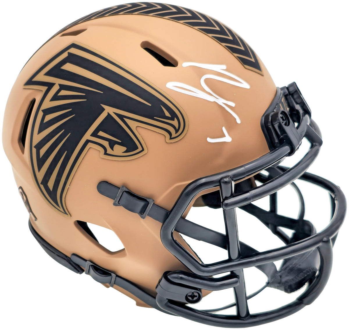 Bijan Robinson Autographed Atlanta Falcons Brown 2023 Salute To Service Speed Mini Helmet Beckett Bas Witness