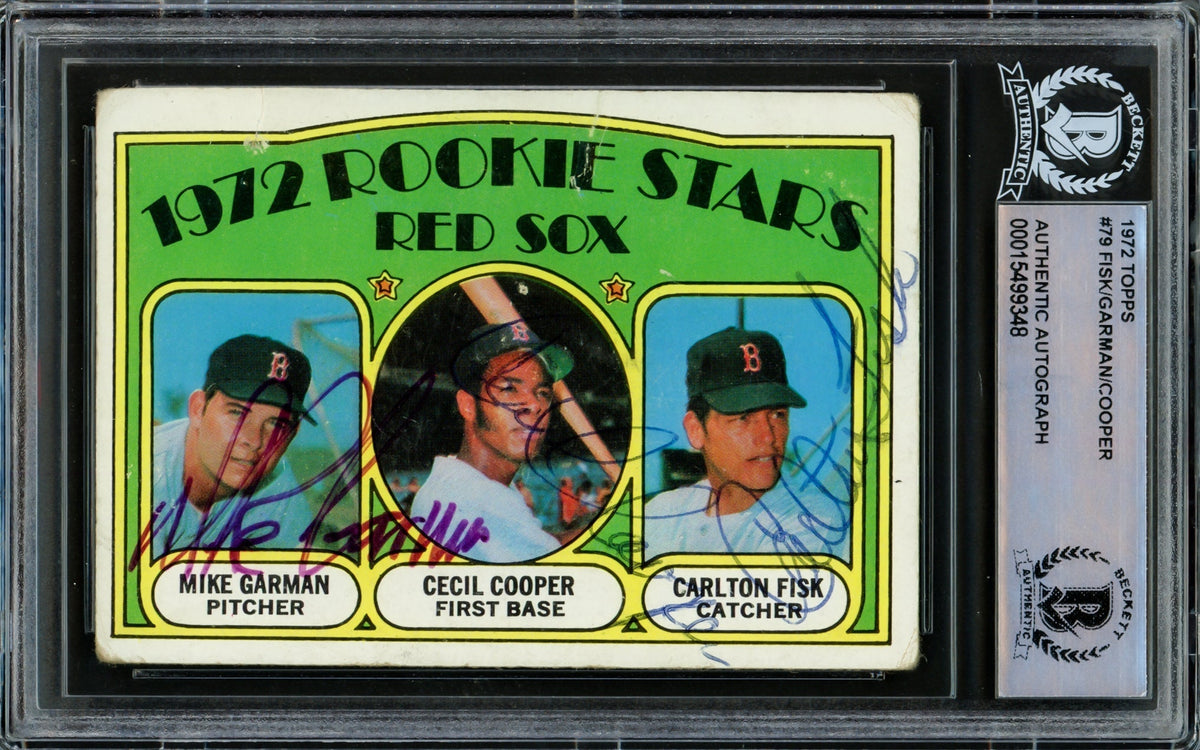 Carlton Fisk, Cecil Cooper & Mike Garman Autographed 1972 Topps Card #79 Beckett Bas #15499348