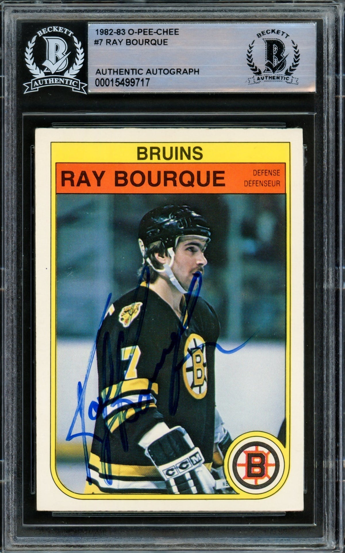 Ray Bourque Autographed 1982-83 O-Pee-Chee Card #7 Boston Bruins Beckett Bas #15499717