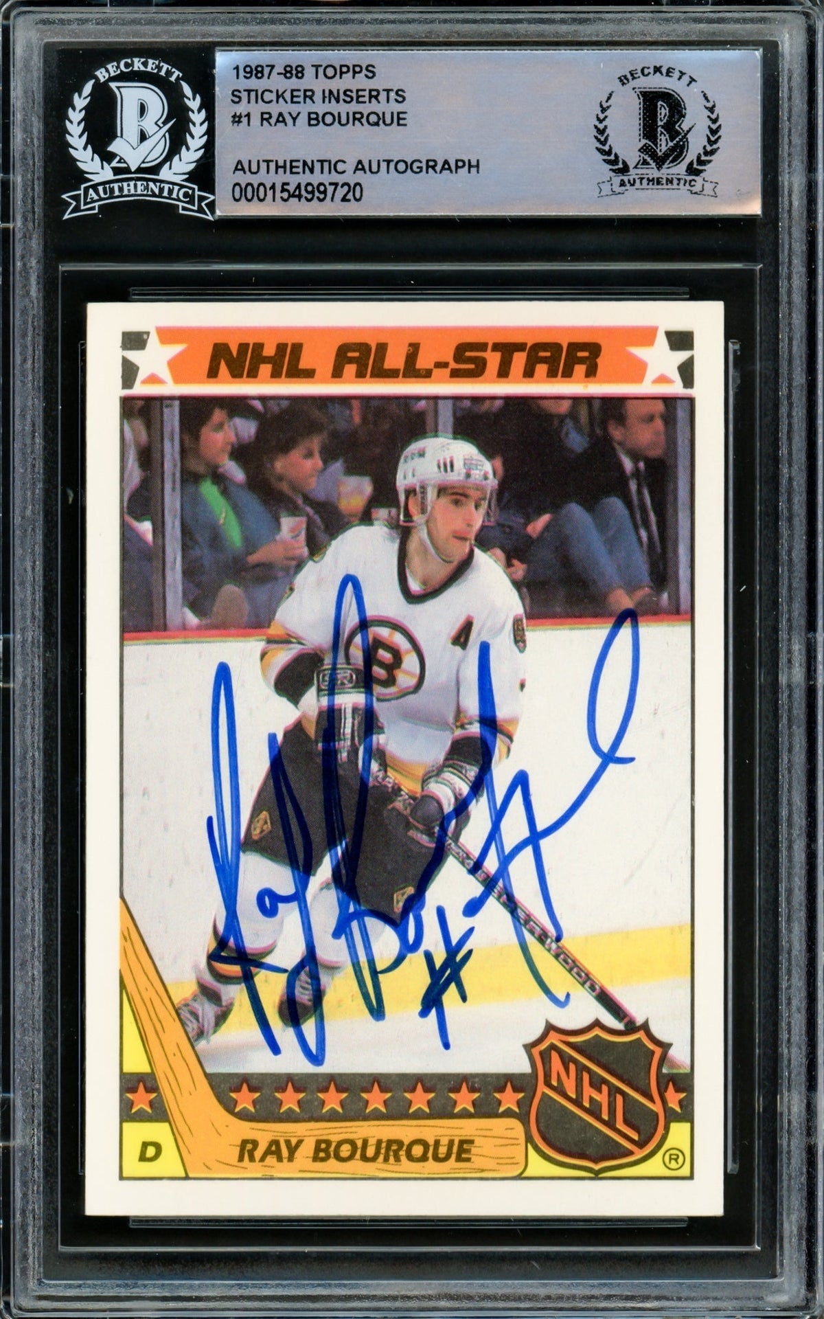 Ray Bourque Autographed 1987-88 Topps Stickers Card #1 Boston Bruins Beckett Bas #15499720