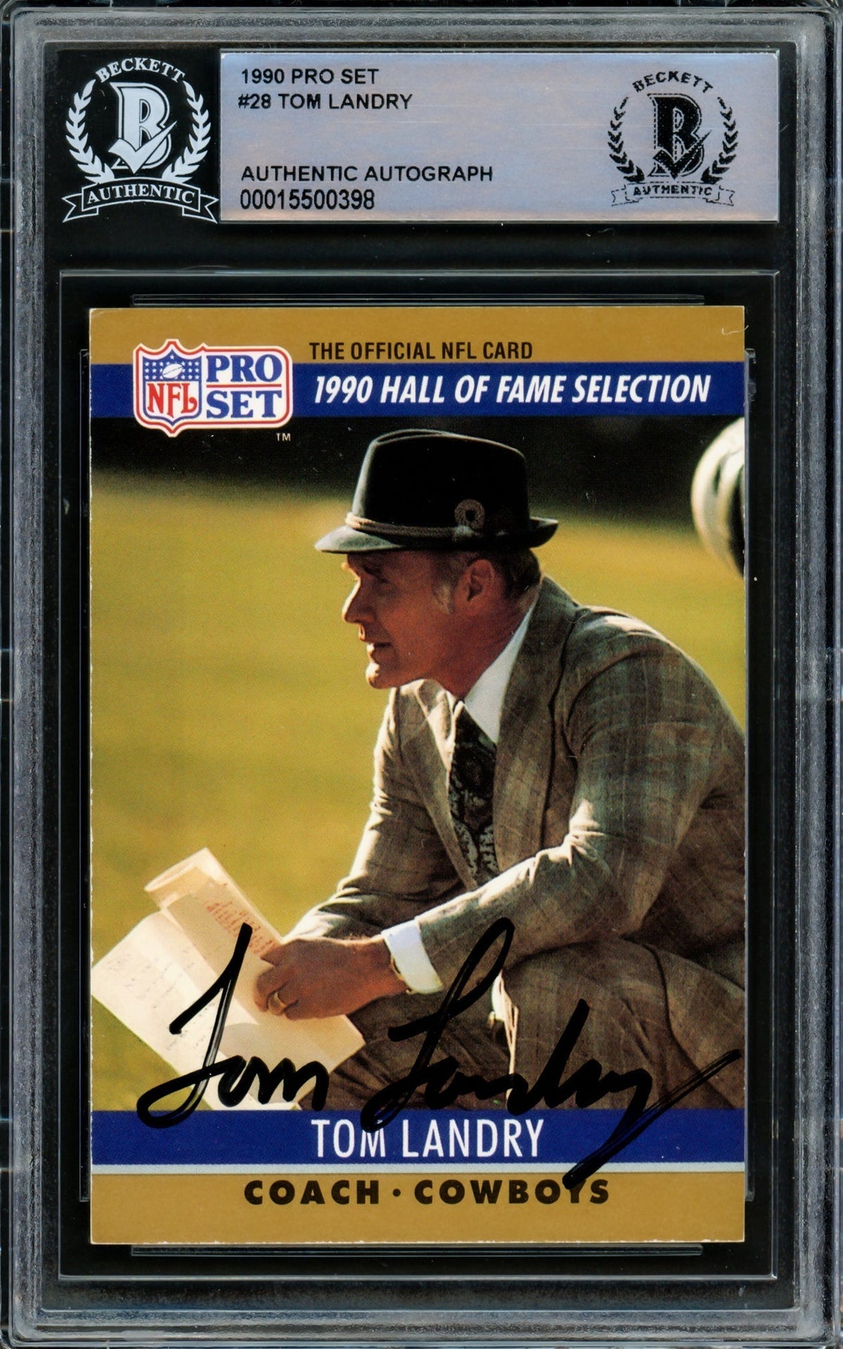 Tom Landry Autographed 1990 Pro Set Rookie Card #28 Dallas Cowboys Beckett Bas #15500398