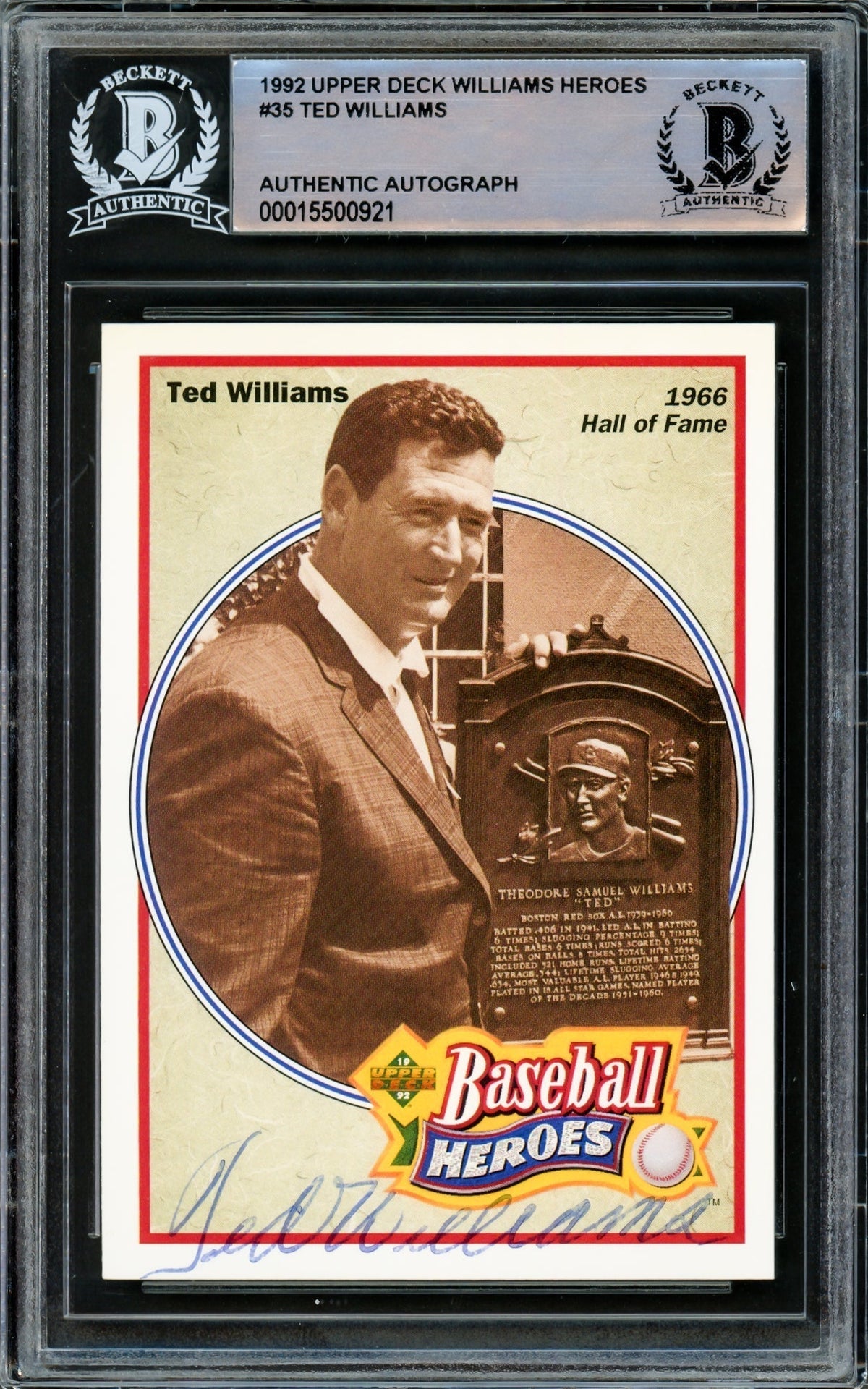 Ted Williams Autographed 1992 Upper Deck Heroes Card #35 Boston Red Sox Beckett Bas #15500921