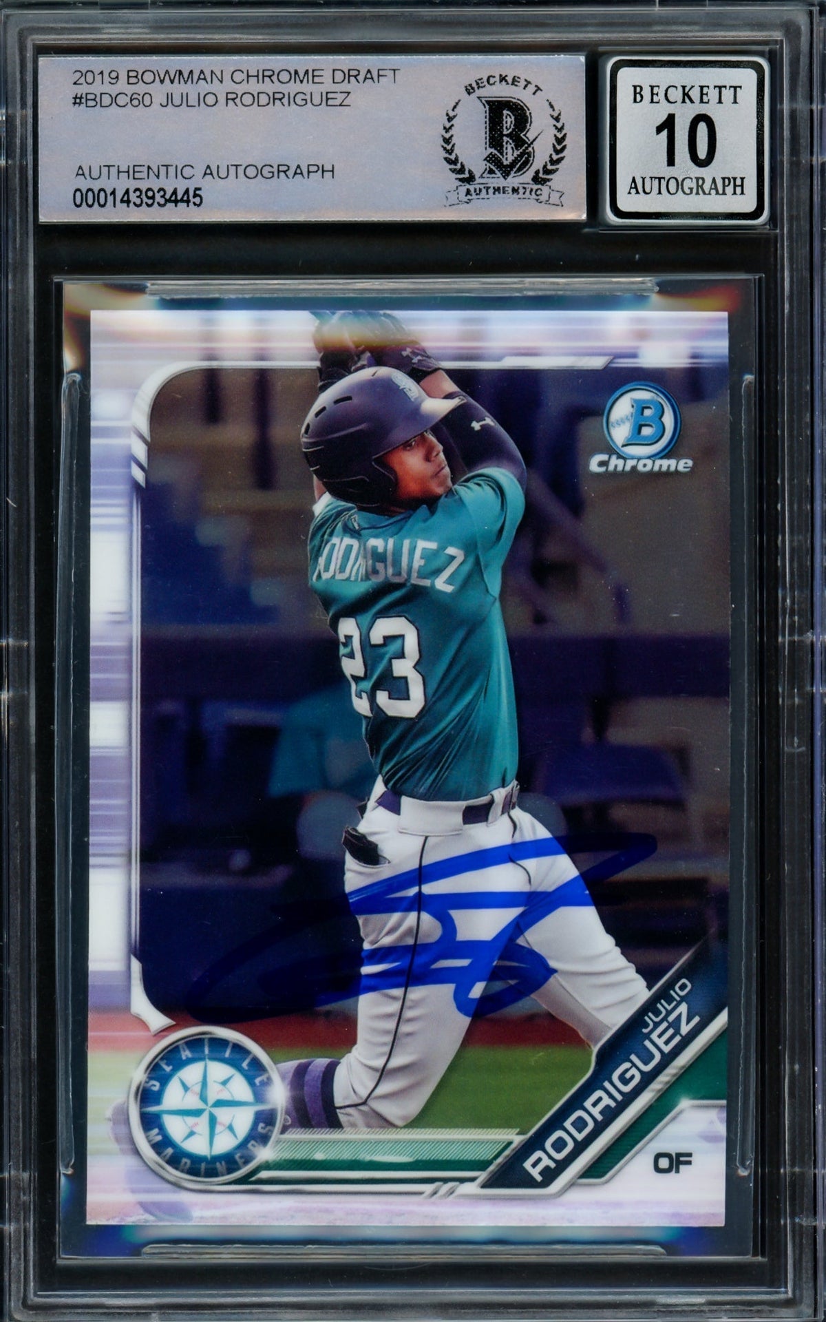 Julio Rodriguez Autographed 2019 Bowman Chrome Draft Rookie Card #Bdc60 Seattle Mariners Auto Grade Gem Mint 10 Beckett Bas #14393445