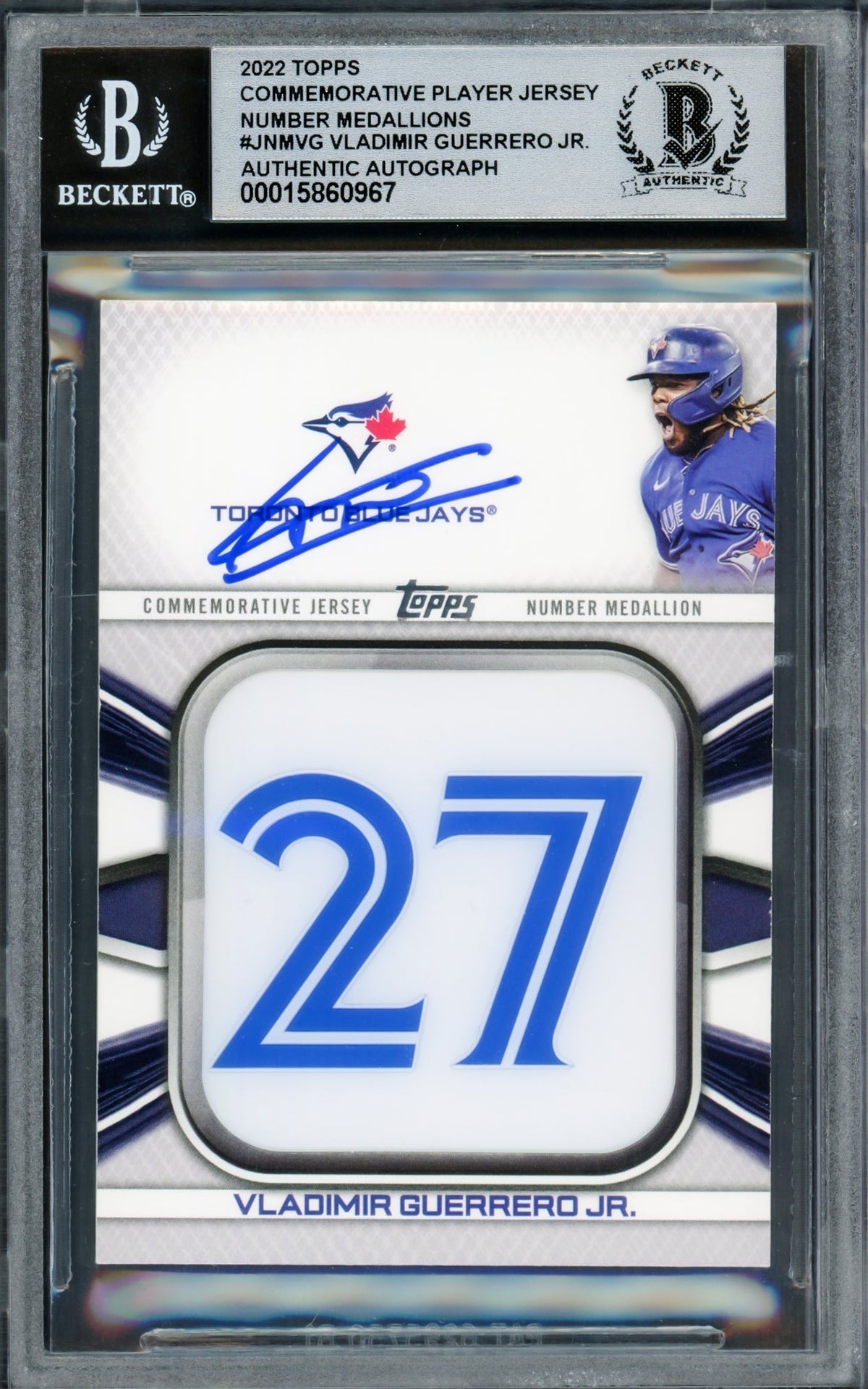 Vladimir Guerrero Jr. Autographed 2022 Topps Jersey Number Card #Jnm-Vg Toronto Blue Jays Auto Grade Gem Mint 10 With Relic Beckett Bas Stock #218661
