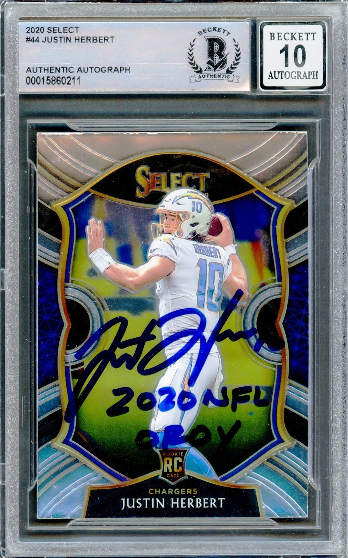 Justin Herbert Autographed 2020 Panini Select Rookie Card #44 Los Angeles Chargers Auto Grade Gem Mint 10 "2020 NFL Oroy" Beckett Bas Stock #218663