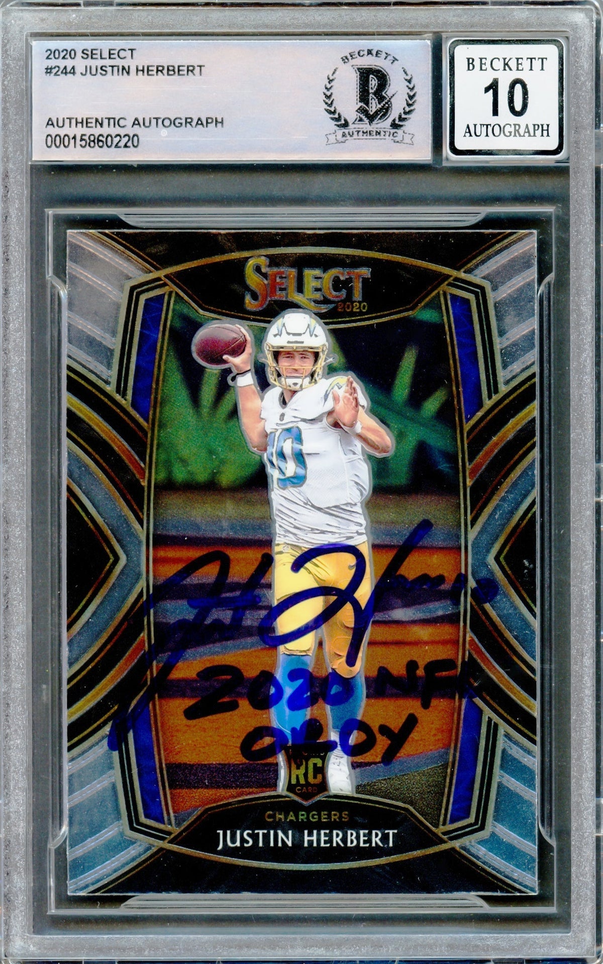 Justin Herbert Autographed 2020 Panini Select Rookie Card #244 Los Angeles Chargers Auto Grade Gem Mint 10 "2020 NFL Oroy" Beckett Bas Stock #218664