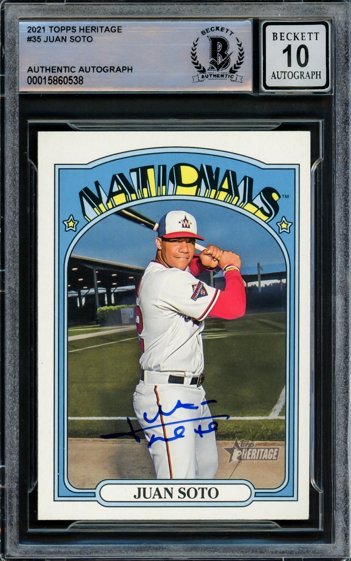 Juan Soto Autographed 2021 Topps Heritage Card #35 Washington Nationals Auto Grade Gem Mint 10 Beckett Bas Stock #218671