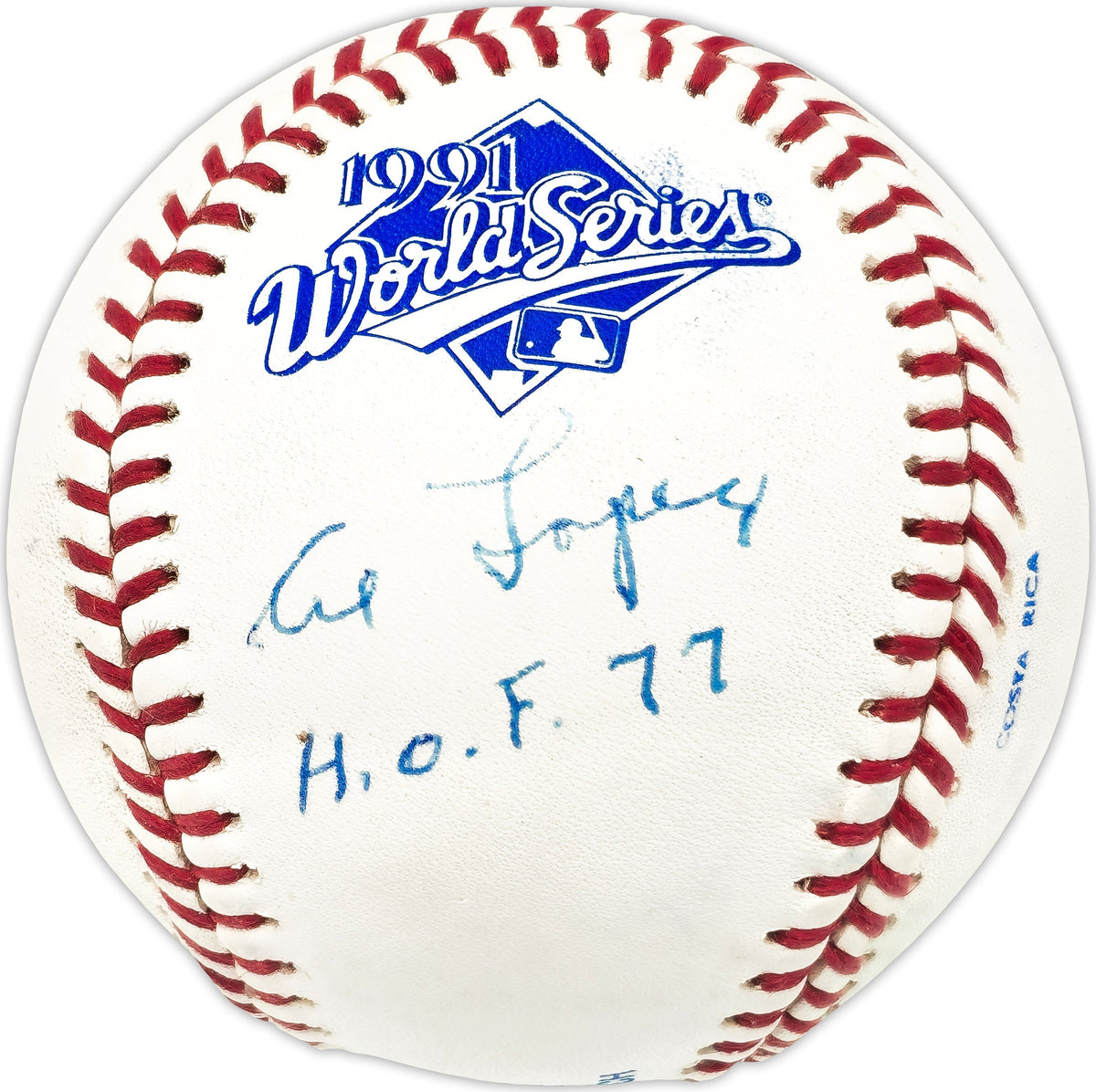 Al Lopez Autographed Official 1991 World Series Logo MLB Baseball Chicago White Sox "Hof 77" Jsa #Dd50185