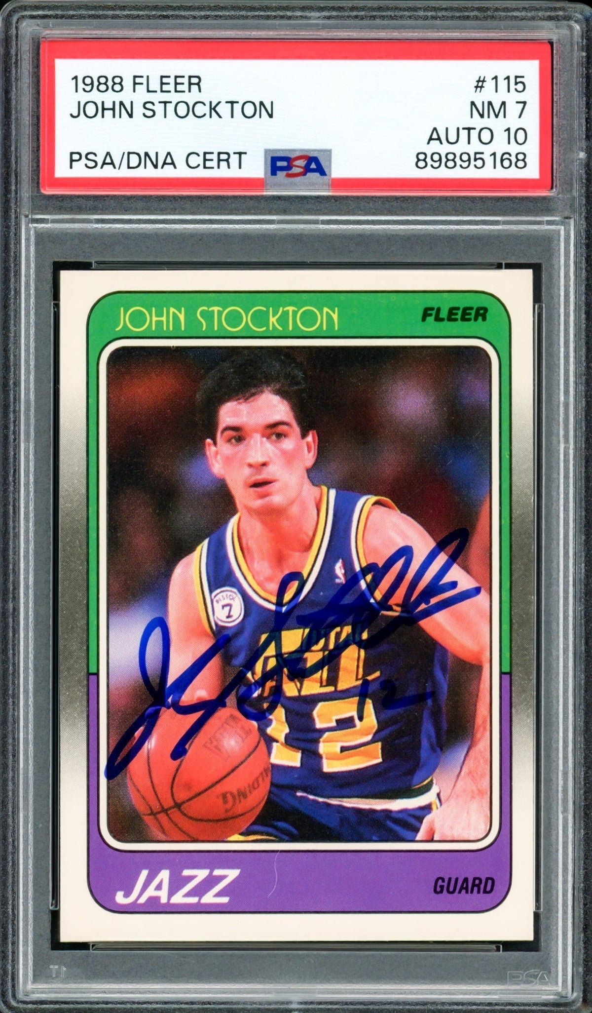 John Stockton Autographed 1988-89 Fleer Rookie Card #115 Utah Jazz PSA 7 Auto Grade Gem Mint 10 PSA/Dna #89895168