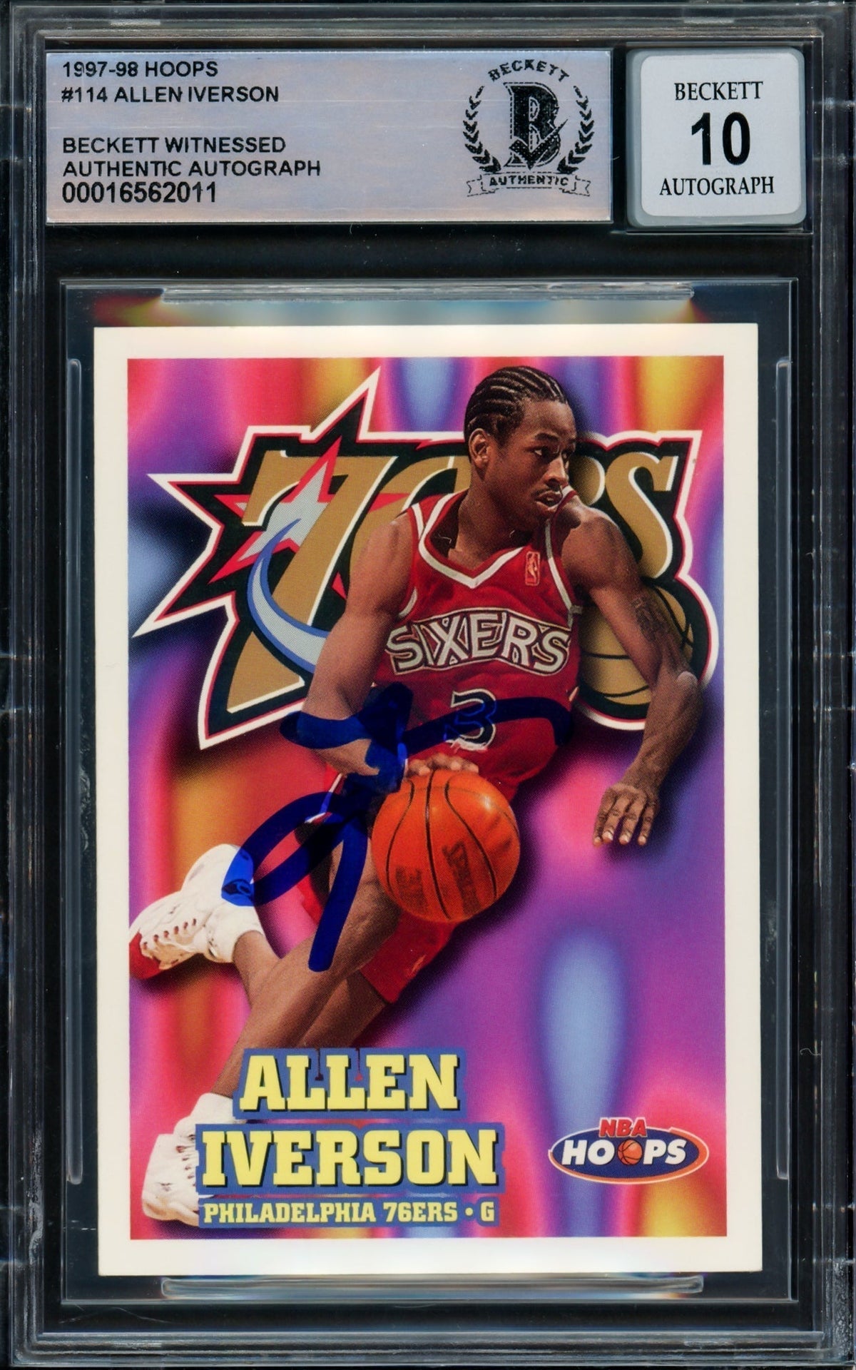 Allen Iverson Autographed 1997-98 Hoops Card #114 Philadelphia 76Ers Auto Grade Gem Mint 10 Beckett Bas Witnessed #16562011