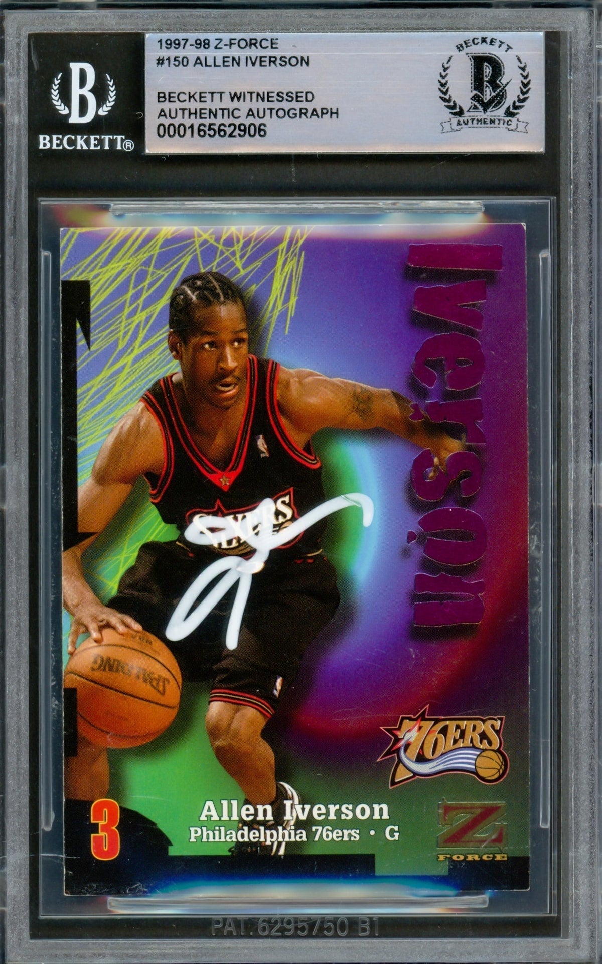 Allen Iverson Autographed 1997-98 Skybox Z-Force Card #150 Philadelphia 76Ers Beckett Bas Witnessed #16562906