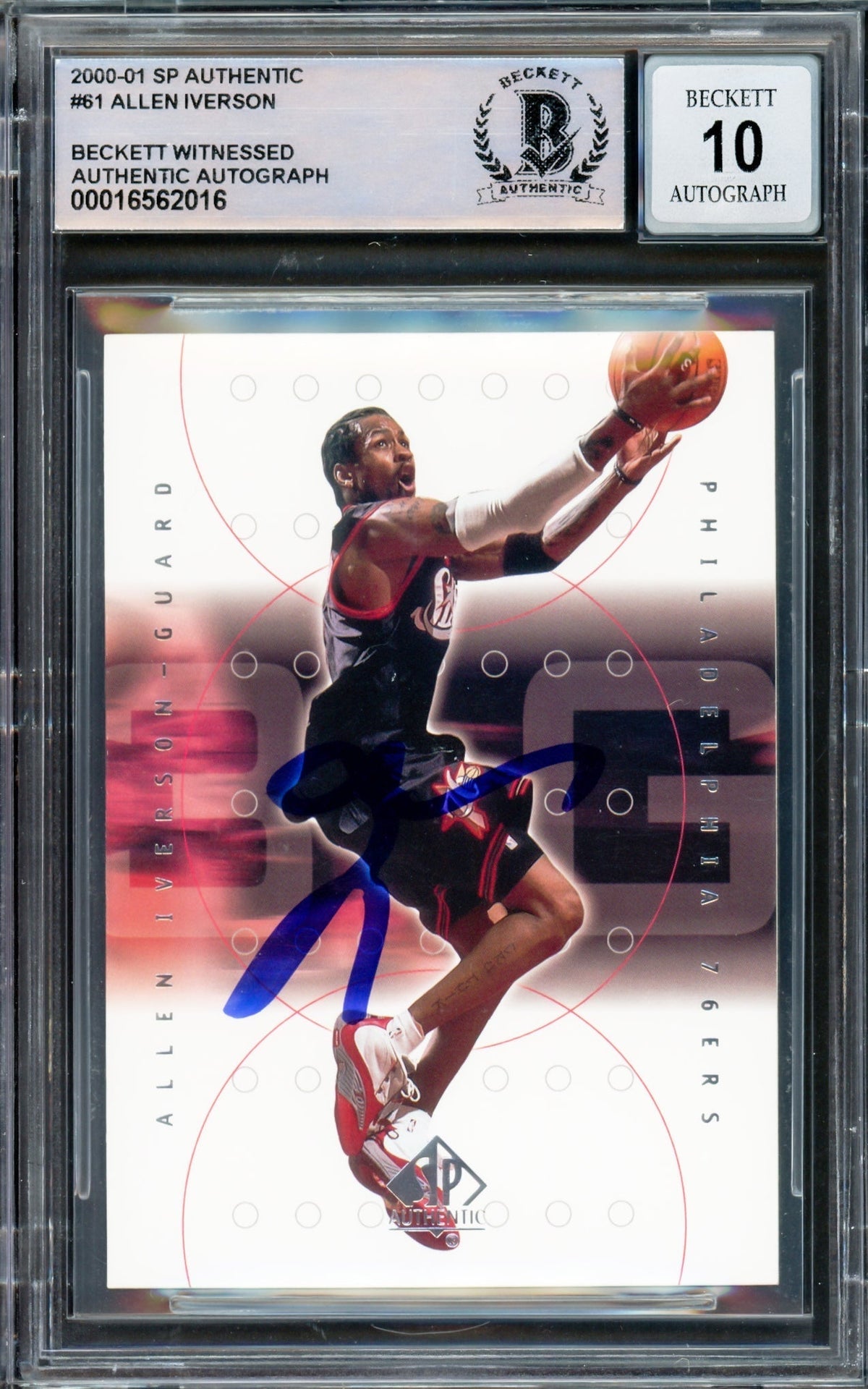 Allen Iverson Autographed 2000-01 Sp Authentic Card #61 Philadelphia 76Ers Auto Grade Gem Mint 10 Beckett Bas Witnessed #16562016