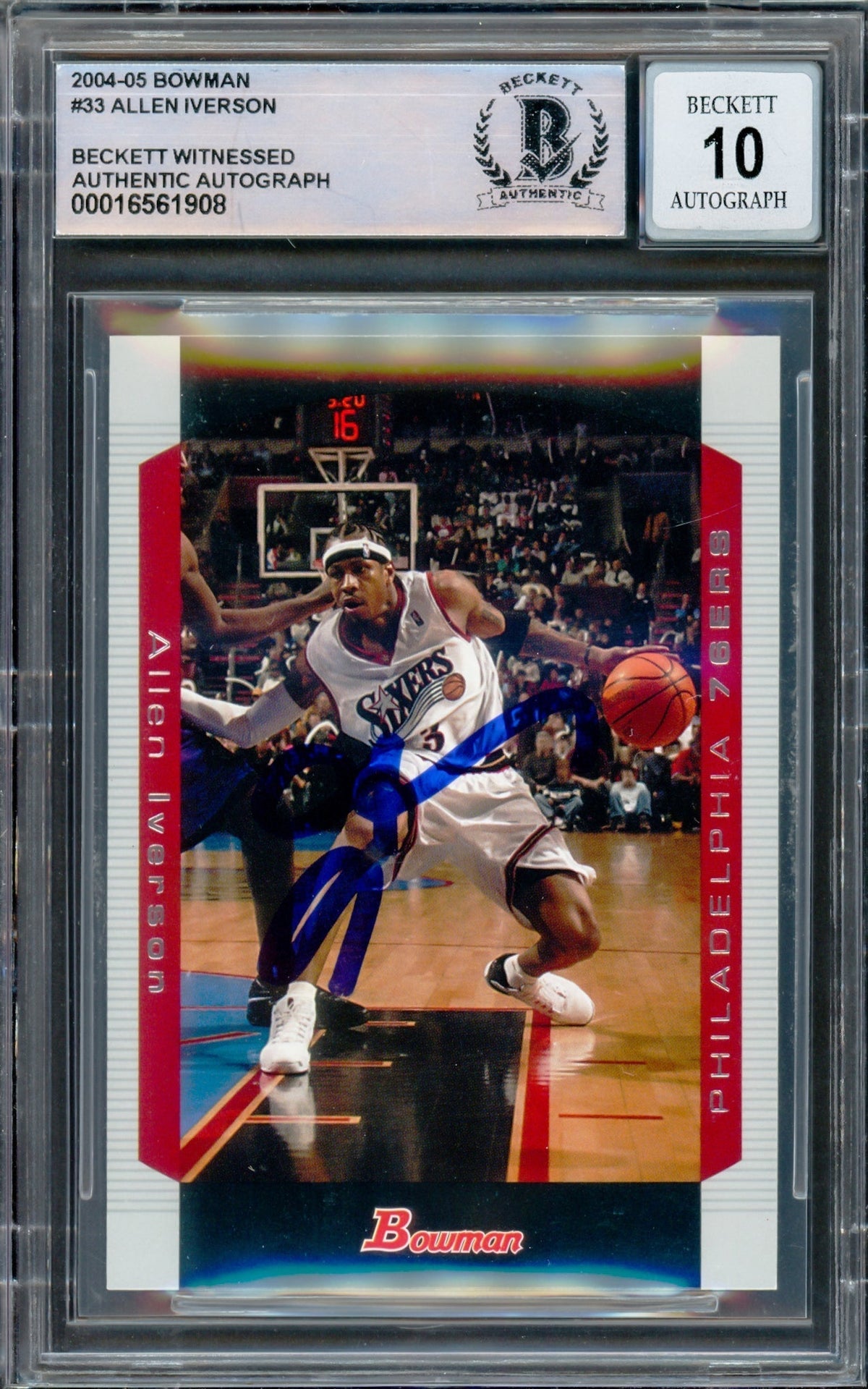 Allen Iverson Autographed 2004-05 Bowman Card #33 Philadelphia 76Ers Auto Grade Gem Mint 10 Beckett Bas Witnessed #16561908