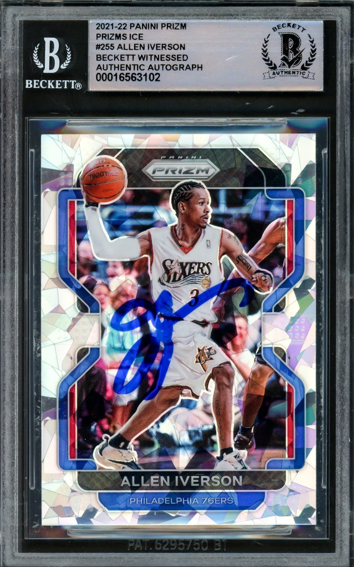 Allen Iverson Autographed 2021-22 Panini Prizm Prizms Ice Card #255 Philadelphia 76Ers Beckett Bas Witnessed #16563102