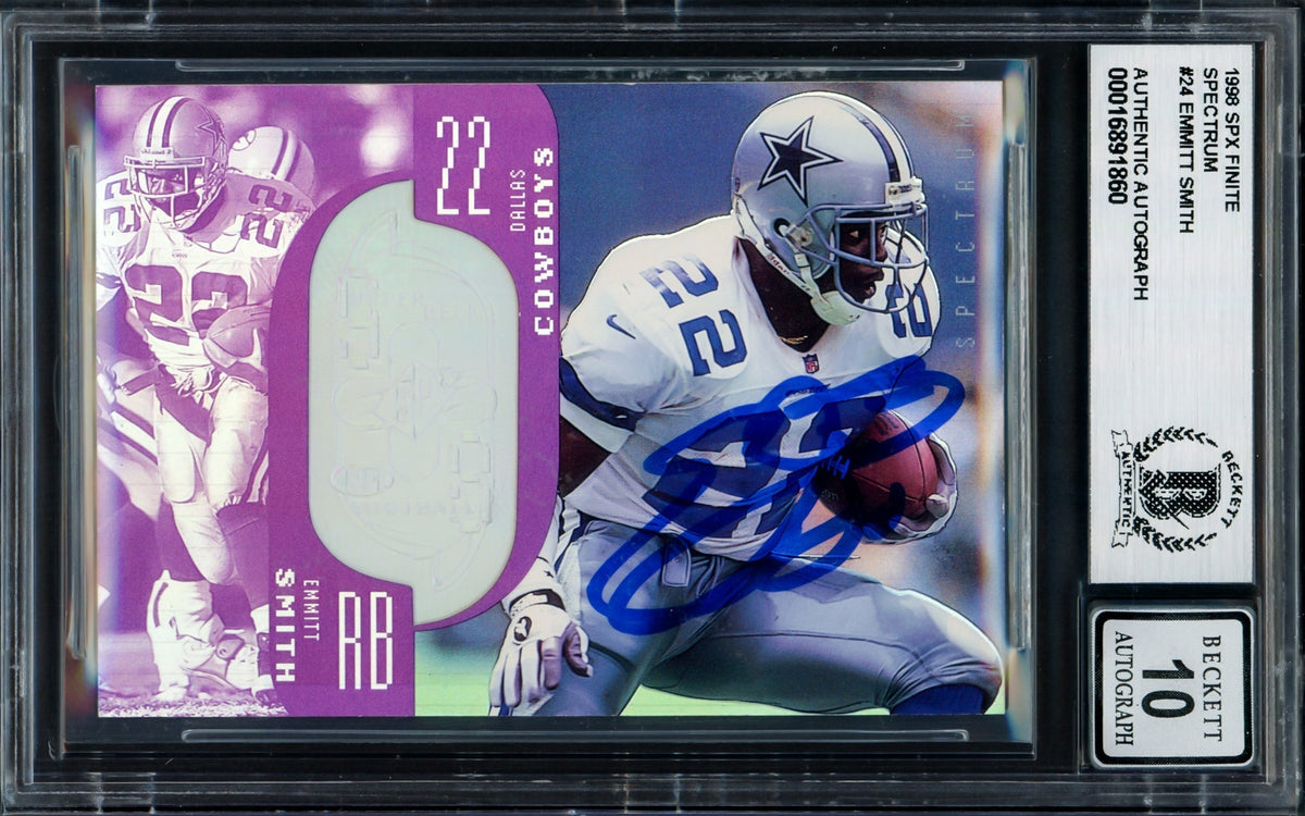 Emmitt Smith Autographed 1998 Spx Finite Spectrum Card #24 Dallas Cowboys Auto Grade Gem Mint 10 #/1900 Beckett Bas