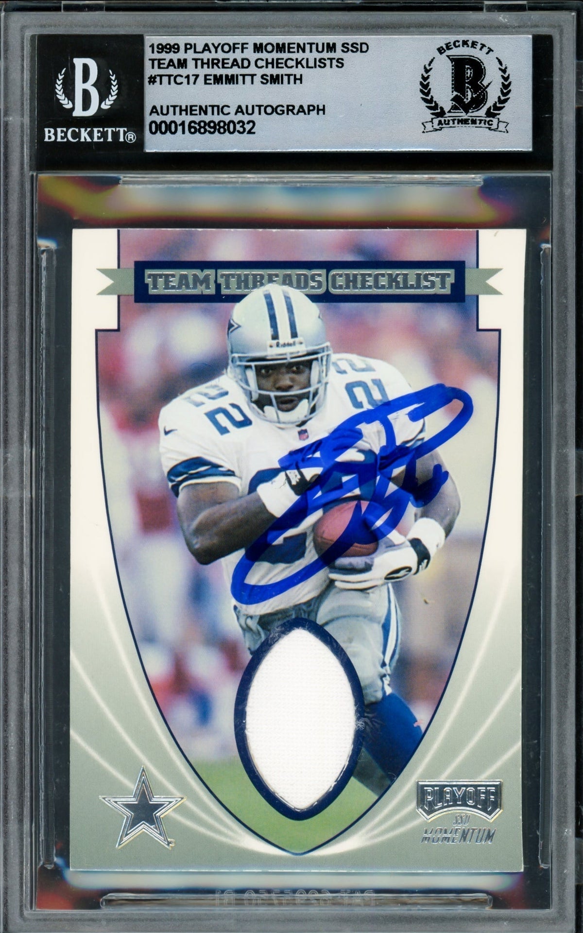Emmitt Smith Autographed 1999 Playoff Momentum Team Threads Card #Ttc17 Dallas Cowboys Auto Grade Gem Mint 10 Beckett Bas #16898032