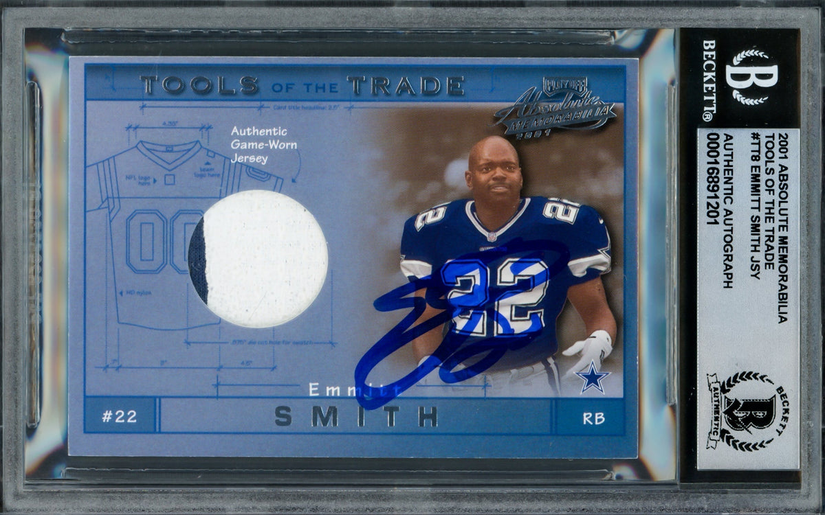 Emmitt Smith Autographed 2001 Absolute Memorabilia Tools Of The Trade Card #Tt8 Dallas Cowboys Auto Grade Gem Mint 10 With Game Used Jersey Patch #3/300 Beckett Bas #16891201