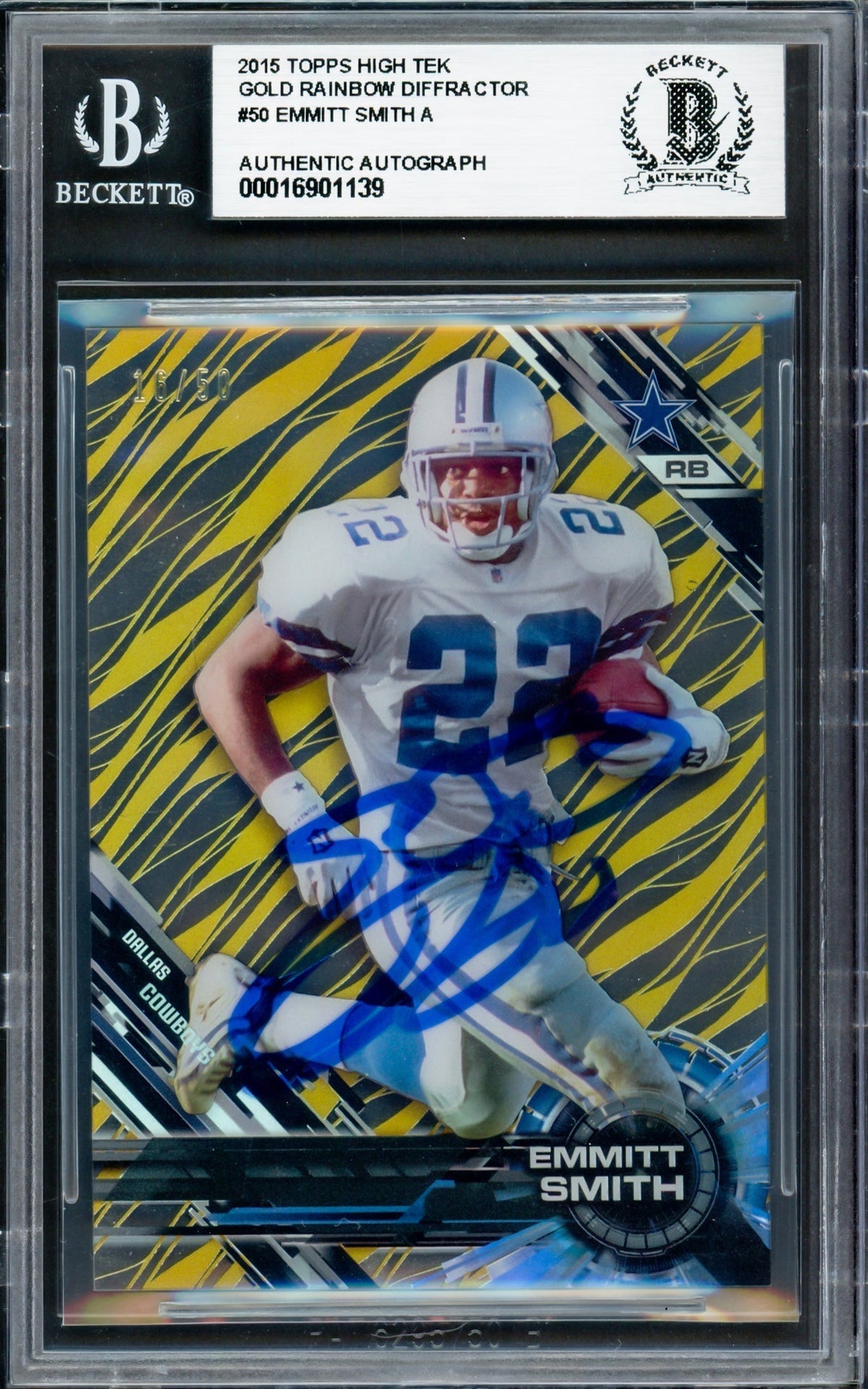 Emmitt Smith Autographed 2015 Topps High Tek Gold Rainbow Diffractor Card #50 Dallas Cowboys #16/50 Beckett Bas #16901139