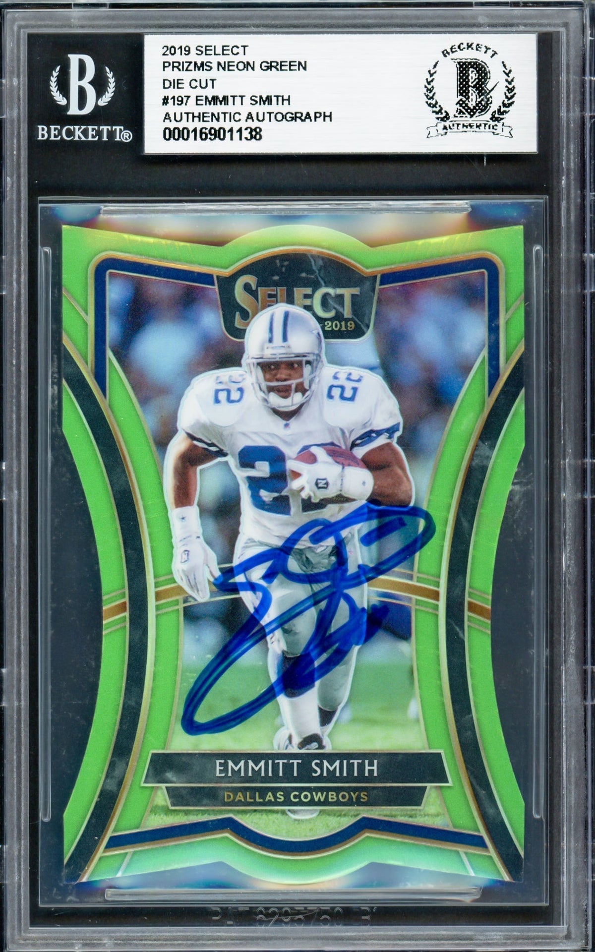 Emmitt Smith Autographed 2019 Select Prizms Neon Green Die Cut Card #197 Dallas Cowboys #30/49 Beckett Bas #16901138
