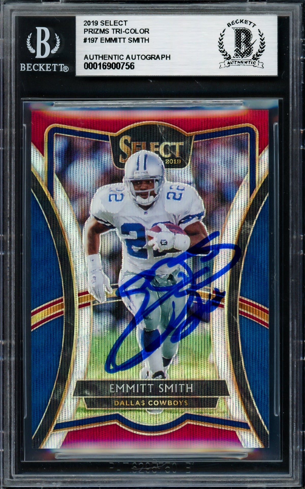 Emmitt Smith Autographed 2019 Select Prizms Tri-Color Card #197 Dallas Cowboys #166/199 Beckett Bas #16900756