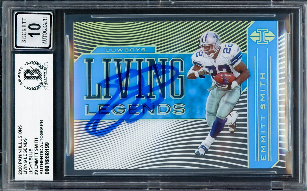 Emmitt Smith Autographed 2020 Panini Illusions Living Legends Light Blue Card #8 Dallas Cowboys Auto Grade Gem Mint 10 #267/299 Beckett Bas #16898199