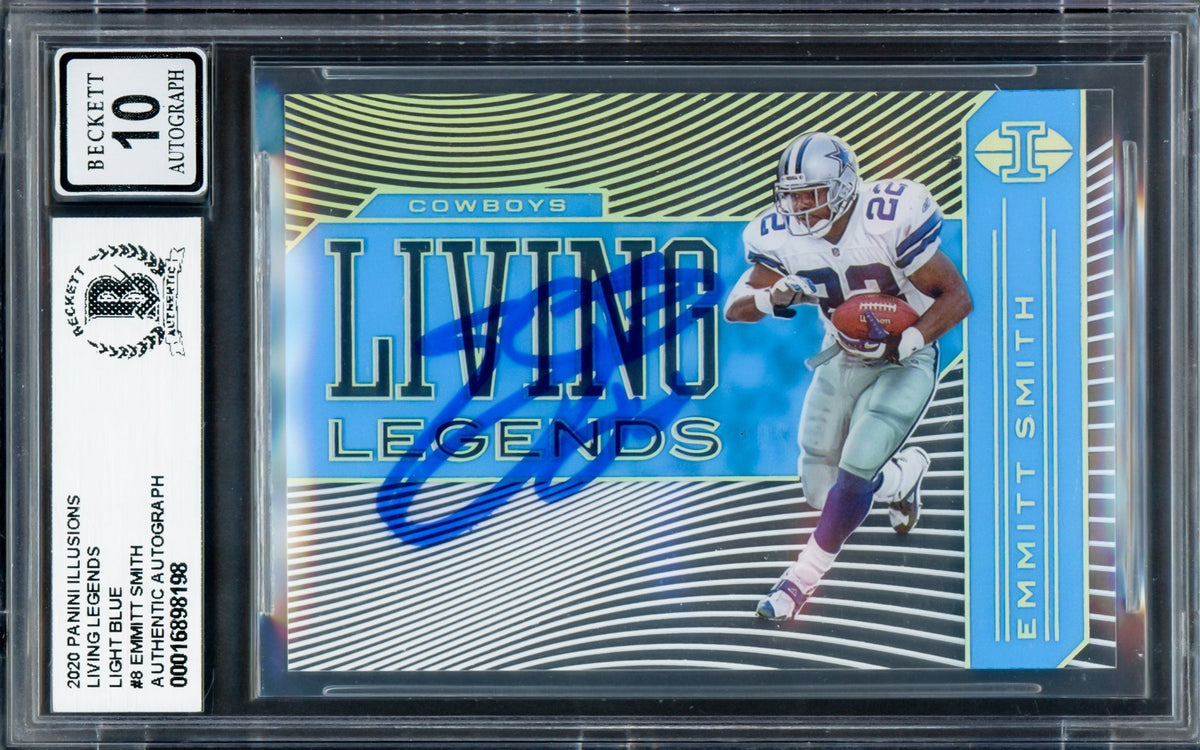Emmitt Smith Autographed 2020 Panini Illusions Living Legends Light Blue Card #8 Dallas Cowboys Auto Grade Gem Mint 10 #171/299 Beckett Bas #16898198
