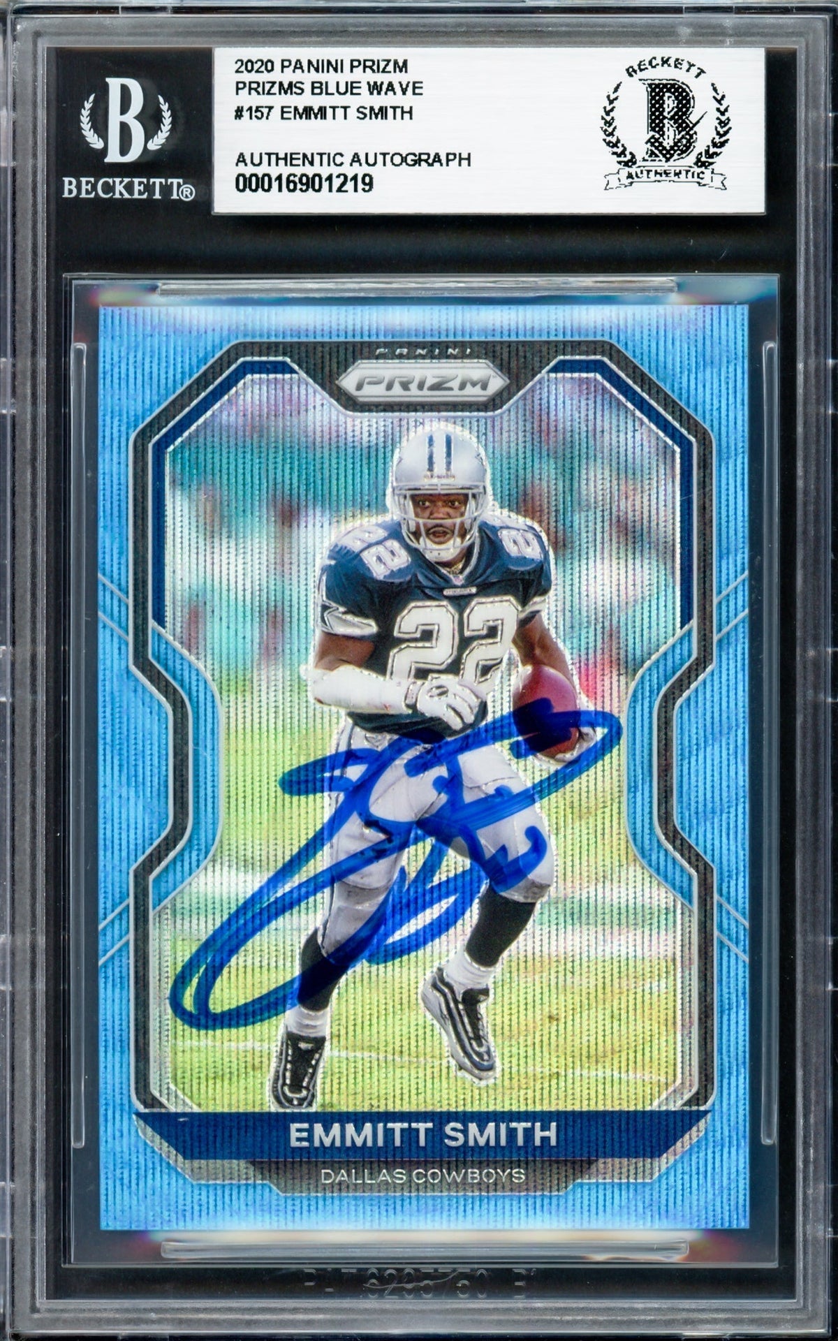 Emmitt Smith Autographed 2020 Panini Prizm Prizms Blue Wave Card #157 Dallas Cowboys #191/199 Beckett Bas #16901219