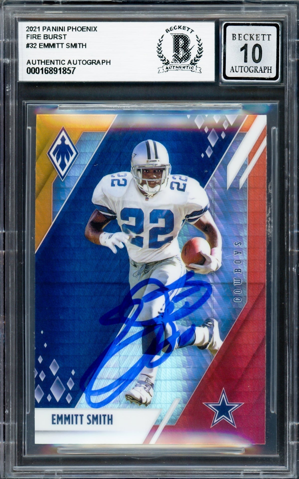 Emmitt Smith Autographed 2021 Panini Phoenix Fire Burst Card #32 Dallas Cowboys Auto Grade Gem Mint 10 Beckett Bas #16891857