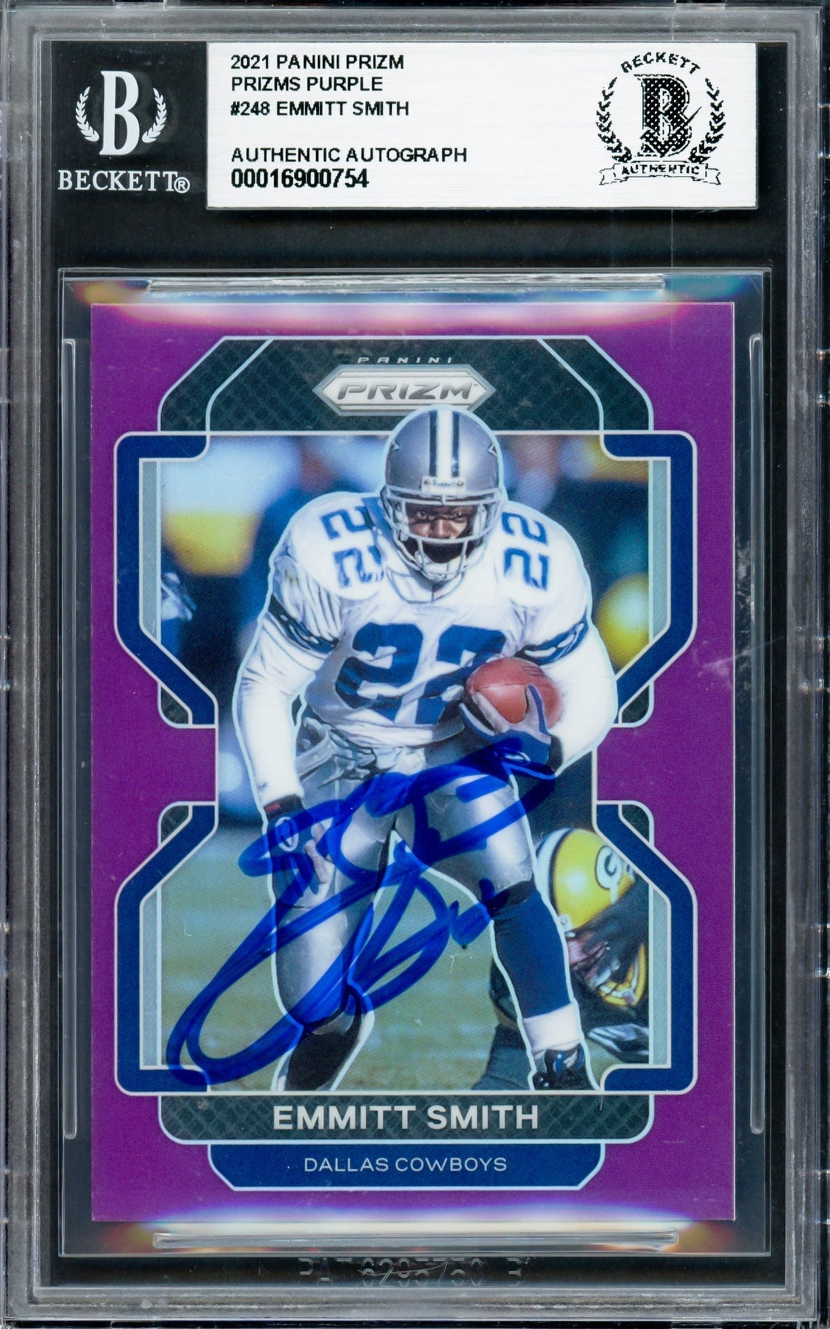 Emmitt Smith Autographed 2021 Panini Prizm Prizms Purple Card #248 Dallas Cowboys #92/125 Beckett Bas #16900754