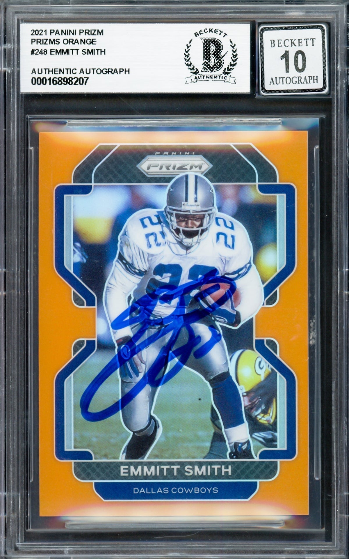 Emmitt Smith Autographed 2021 Panini Prizm Prizms Orange Card #248 Dallas Cowboys Auto Grade Gem Mint 10 #216/249 Beckett Bas #16898207