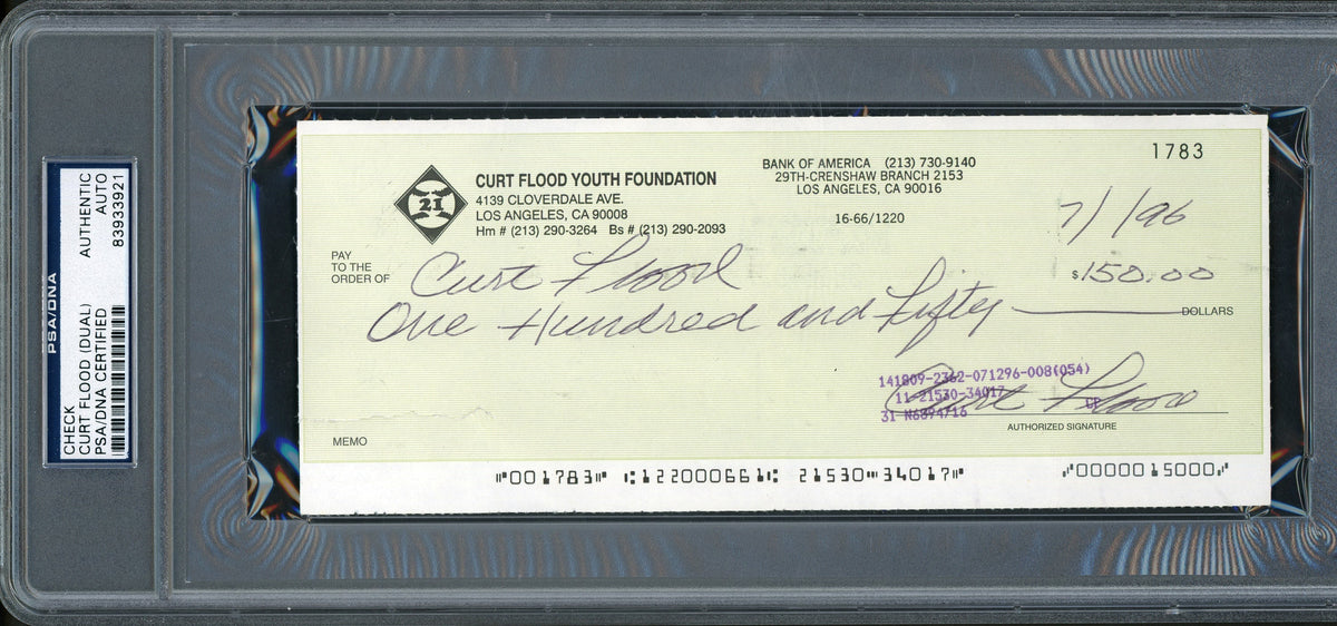 Curt Flood Autographed 3.5X9 Check St. Louis Cardinals Dual Signed PSA/Dna #83933921