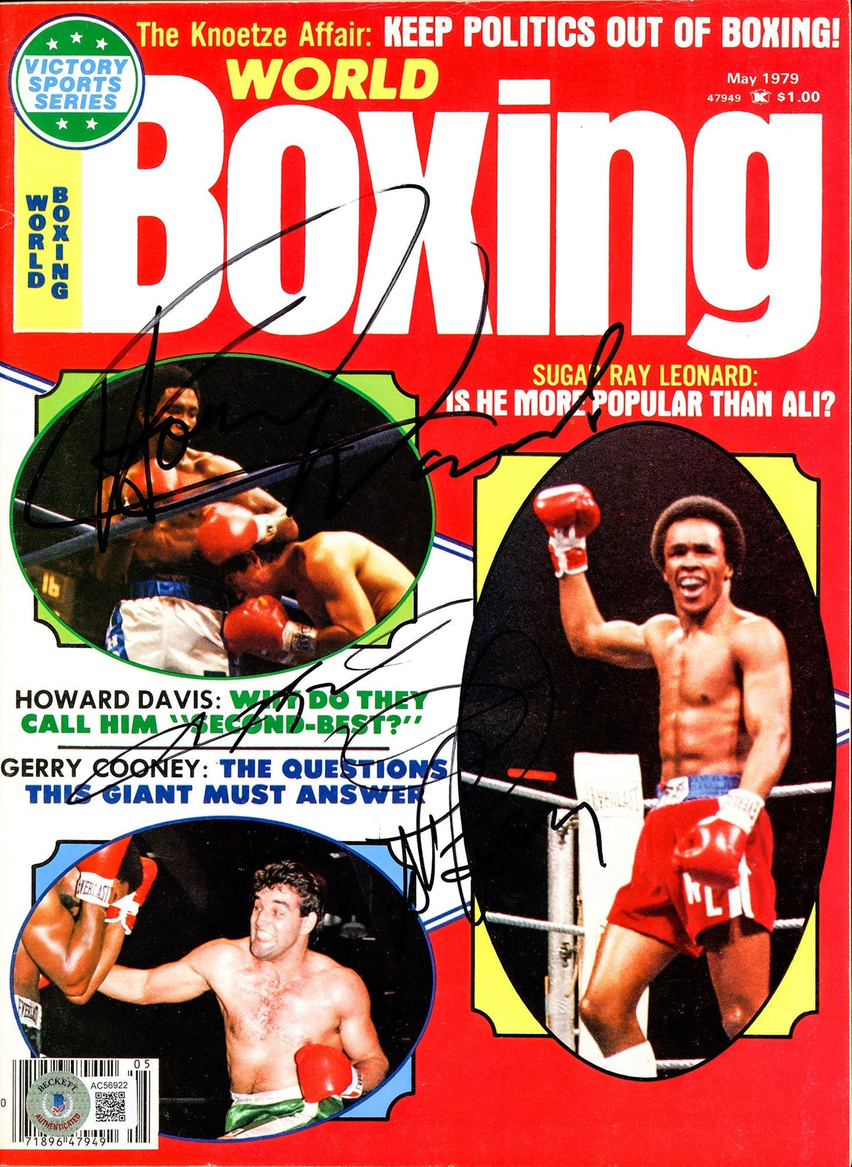 Sugar Ray Leonard, Howard Davis & Gerry Cooney Autographed World Boxing Magazine Beckett Bas #Ac56922