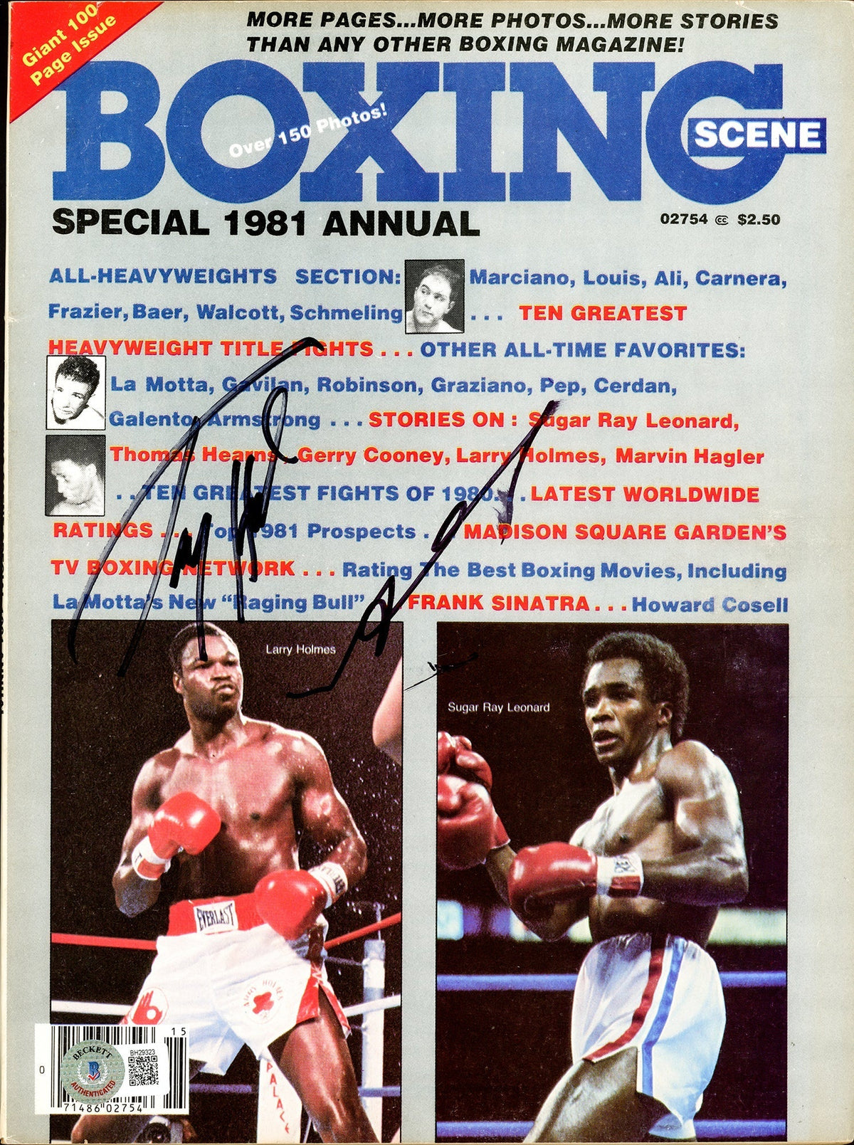 Sugar Ray Leonard & Larry Holmes Autographed Boxing Scene Magazine (Smudged) Beckett Bas #Bh29323