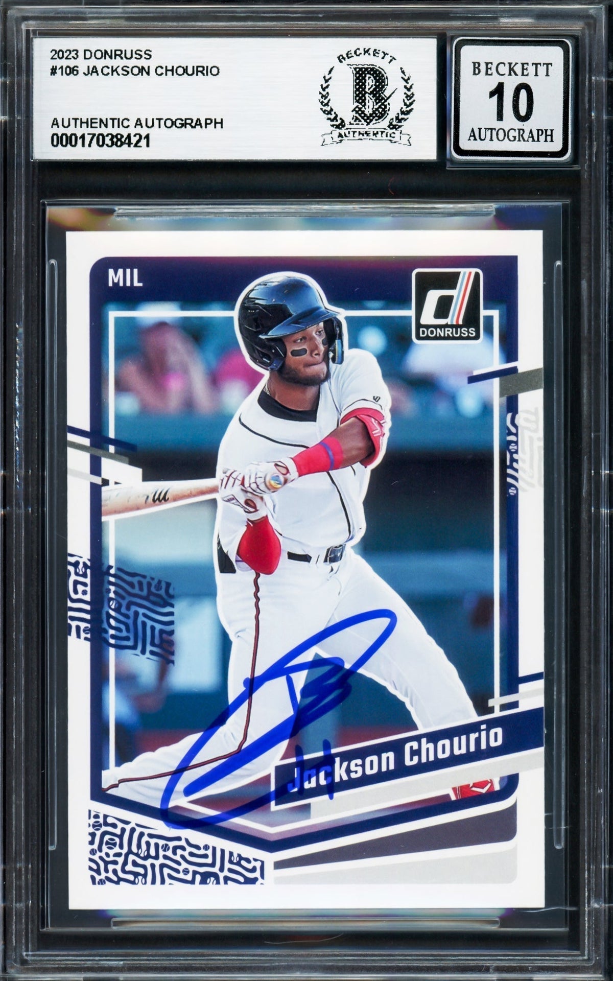 Jackson Chourio Autographed 2023 Donruss Rookie Card #106 Milwaukee Brewers Auto Grade Gem Mint 10 Beckett Bas