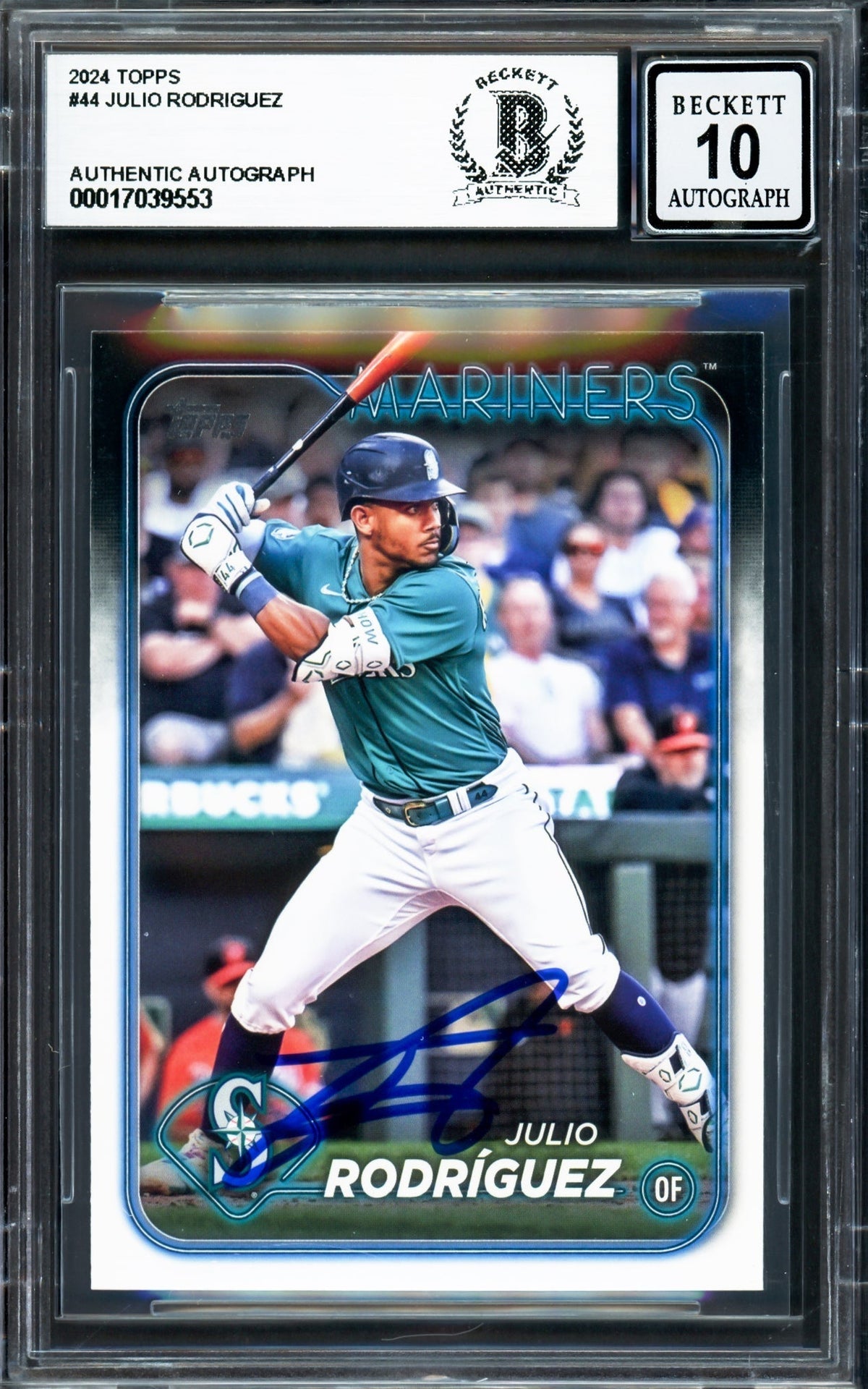 Julio Rodriguez Autographed 2024 Topps Card #44 Seattle Mariners Auto Grade Gem Mint 10 Beckett Bas