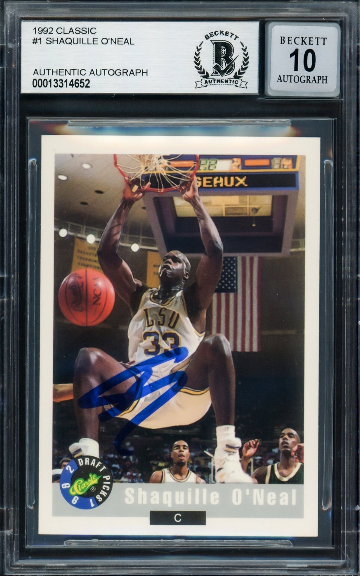 Shaquille Shaq O'neal Autographed 1992-93 Classic Rookie Card #1 Lsu Tigers Auto Grade Gem Mint 10 Beckett Bas Stock #220145