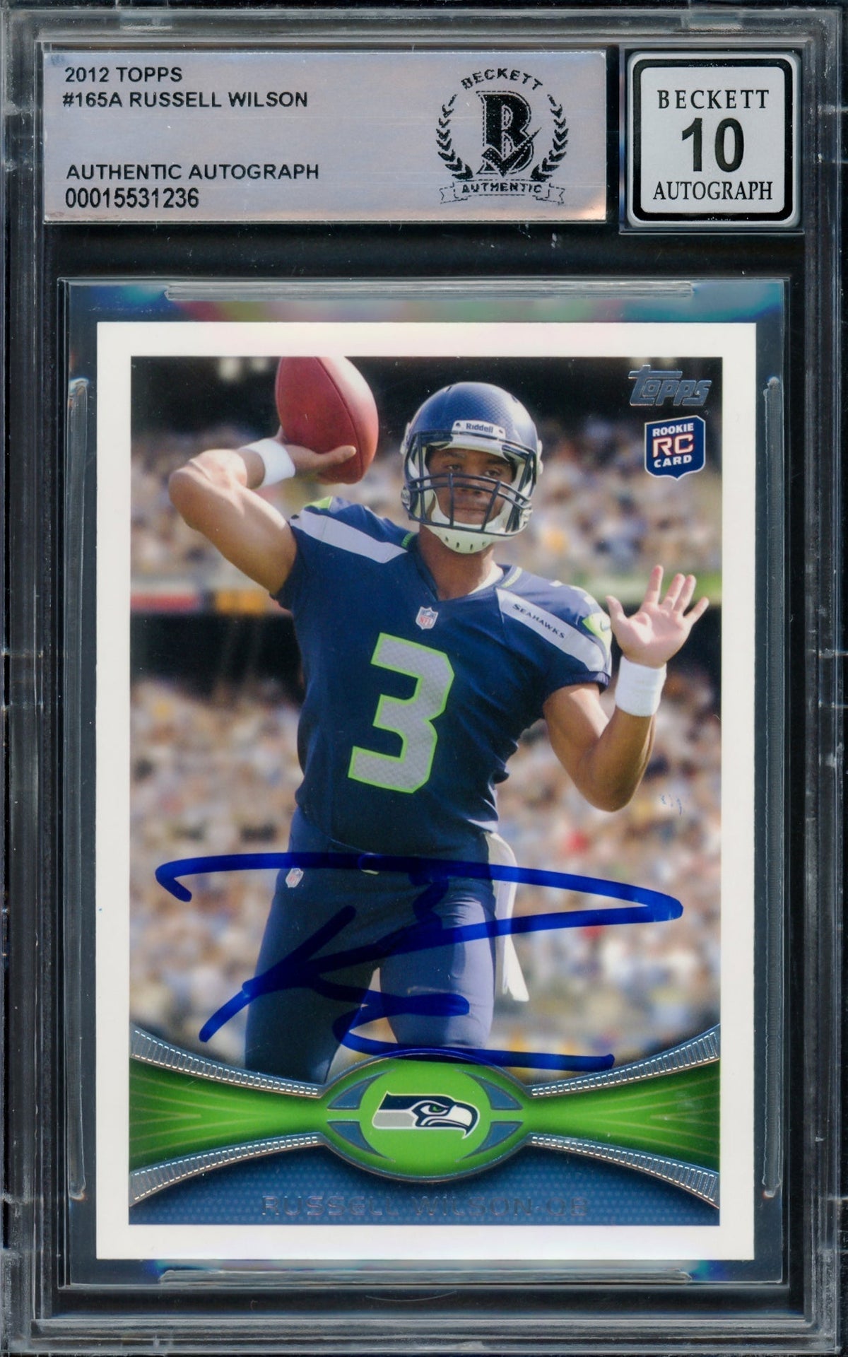 Russell Wilson Autographed 2012 Topps Rookie Card #165A Seattle Seahawks Auto Grade Gem Mint 10 Beckett Bas Stock #220150