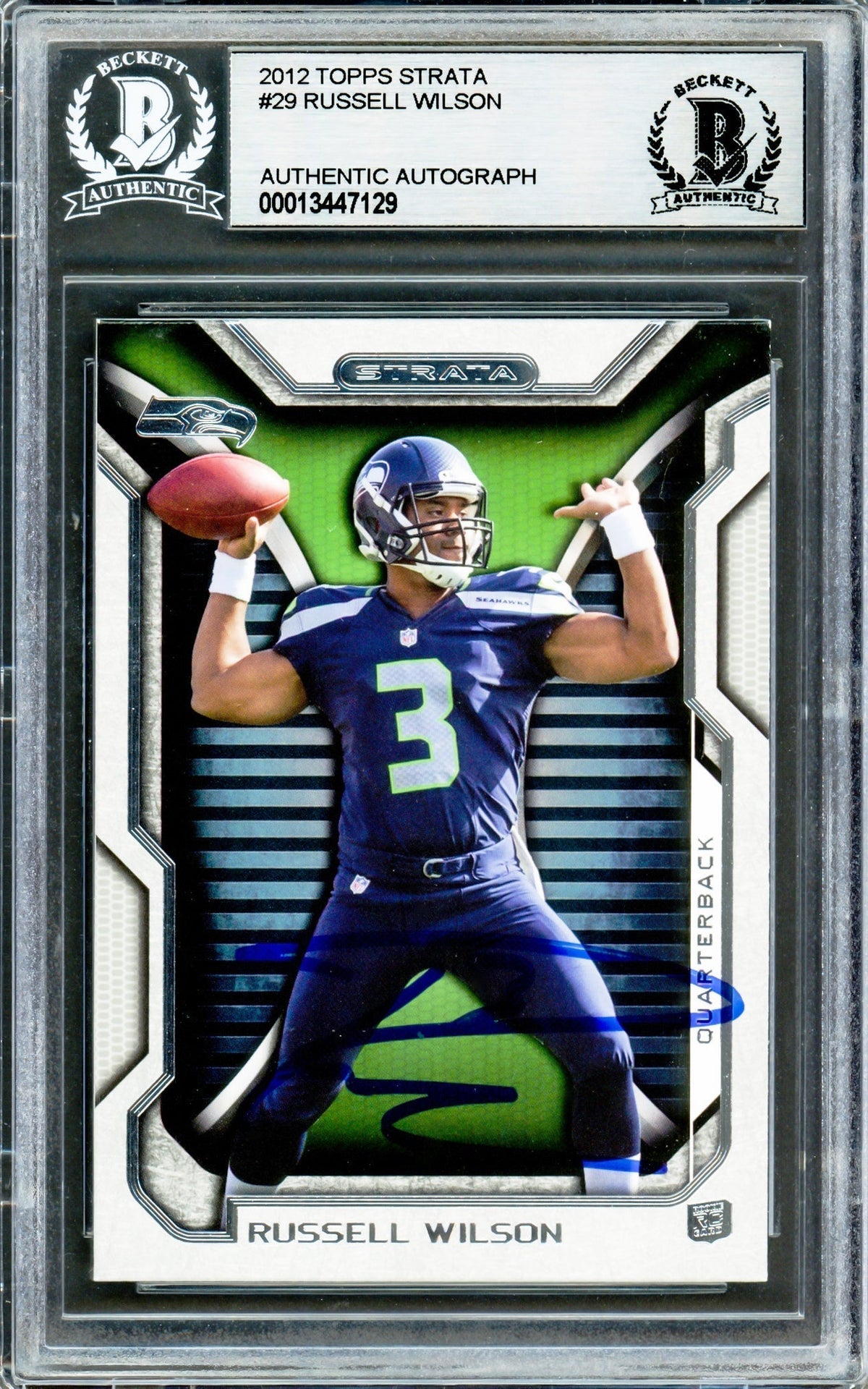 Russell Wilson Autographed 2012 Topps Strata Rookie Card #29 Seattle Seahawks Beckett Bas Stock #220153