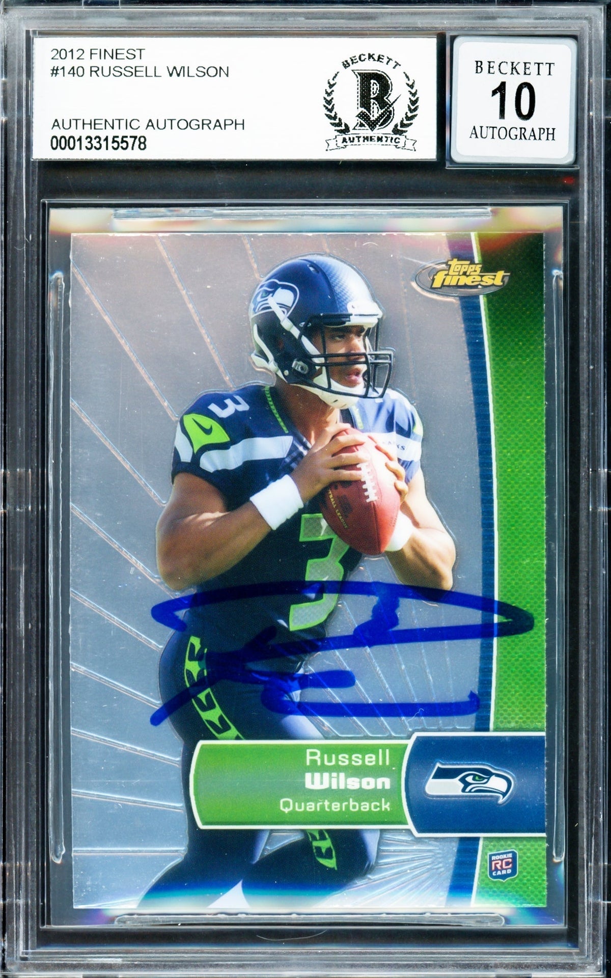 Russell Wilson Autographed 2012 Topps Finest Rookie Card #140 Seattle Seahawks Auto Grade Gem Mint 10 Beckett Bas Stock #220158