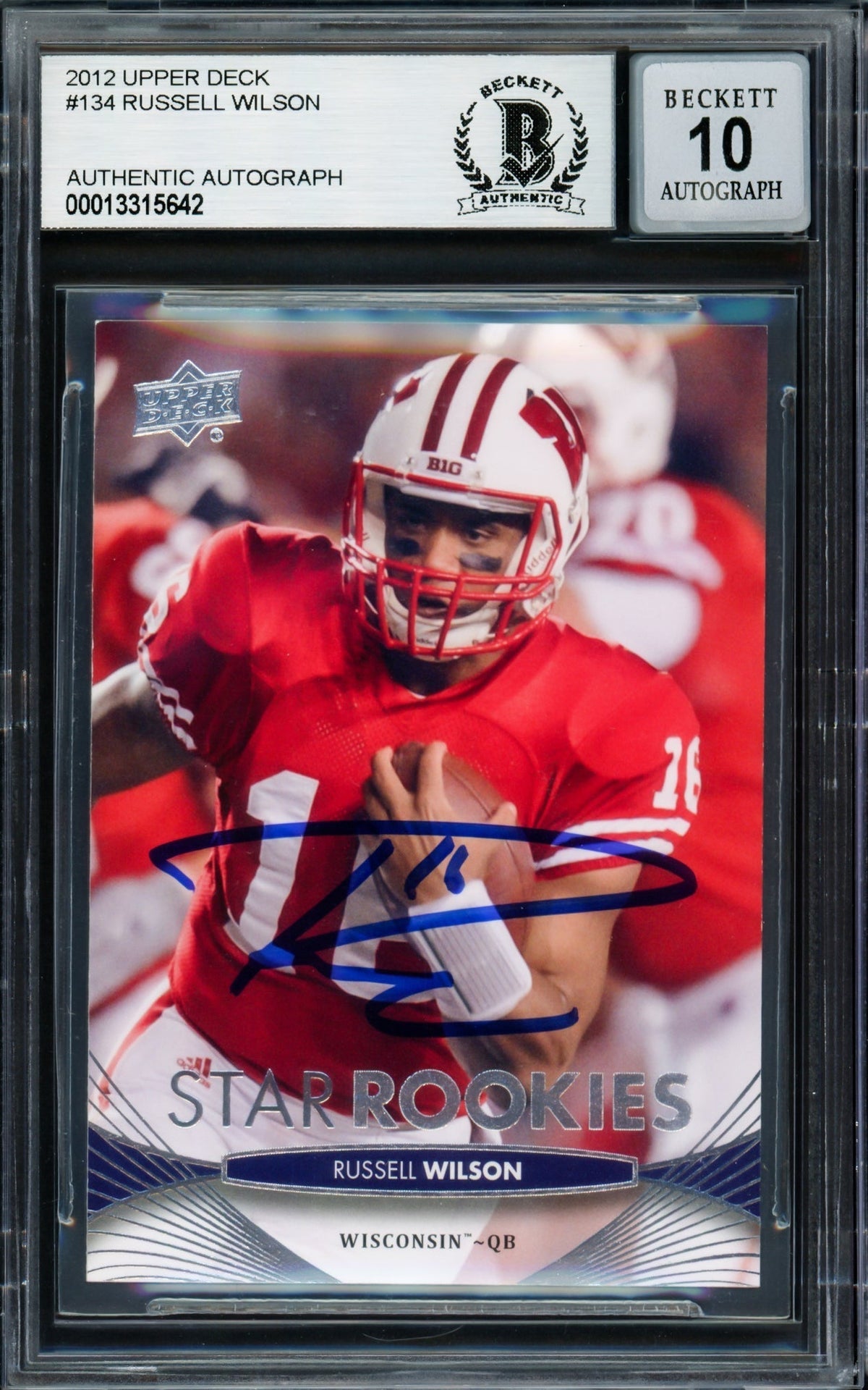 Russell Wilson Autographed 2012 Upper Deck Rookie Card #134 Wisconsin Badgers Auto Grade Gem Mint 10 Beckett Bas Stock #220167